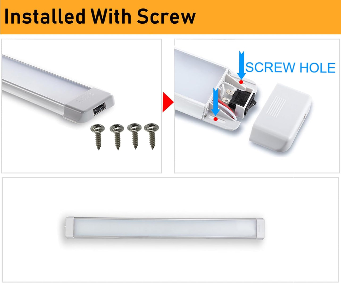 LED Interior Utility Light Fixture 26.4" x 2.6", High Lumen-Output Low Current Draw Energy Efficient, Frosted Lens 6000K Cool-White Even Diffused Beam, On/Off Rocker Switch 12V-24V DC, 1-Pack