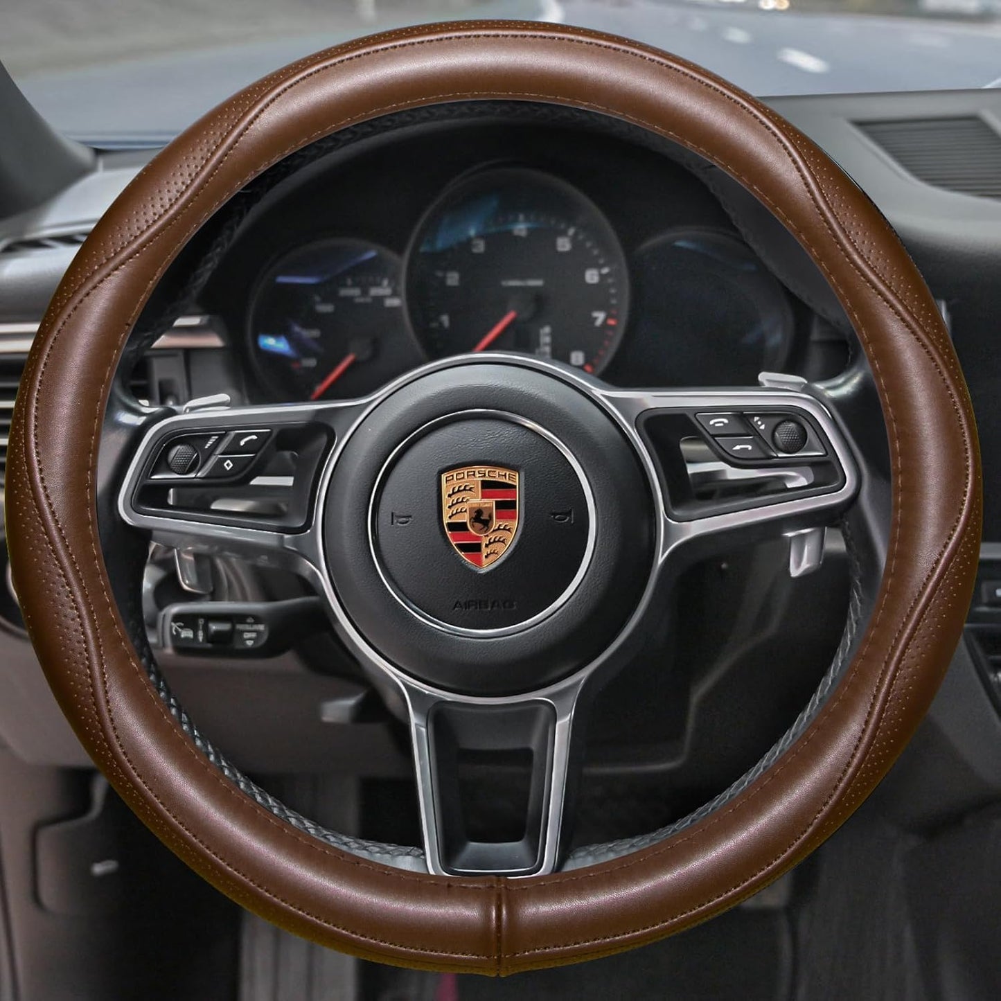 HAOKAY Top Grade Brown Genuine Leather Steering Wheel Cover Men Women, Luxury Steering Wheel Cover for Cars, SUVS and Trucks, Universal 14.5-15 inch