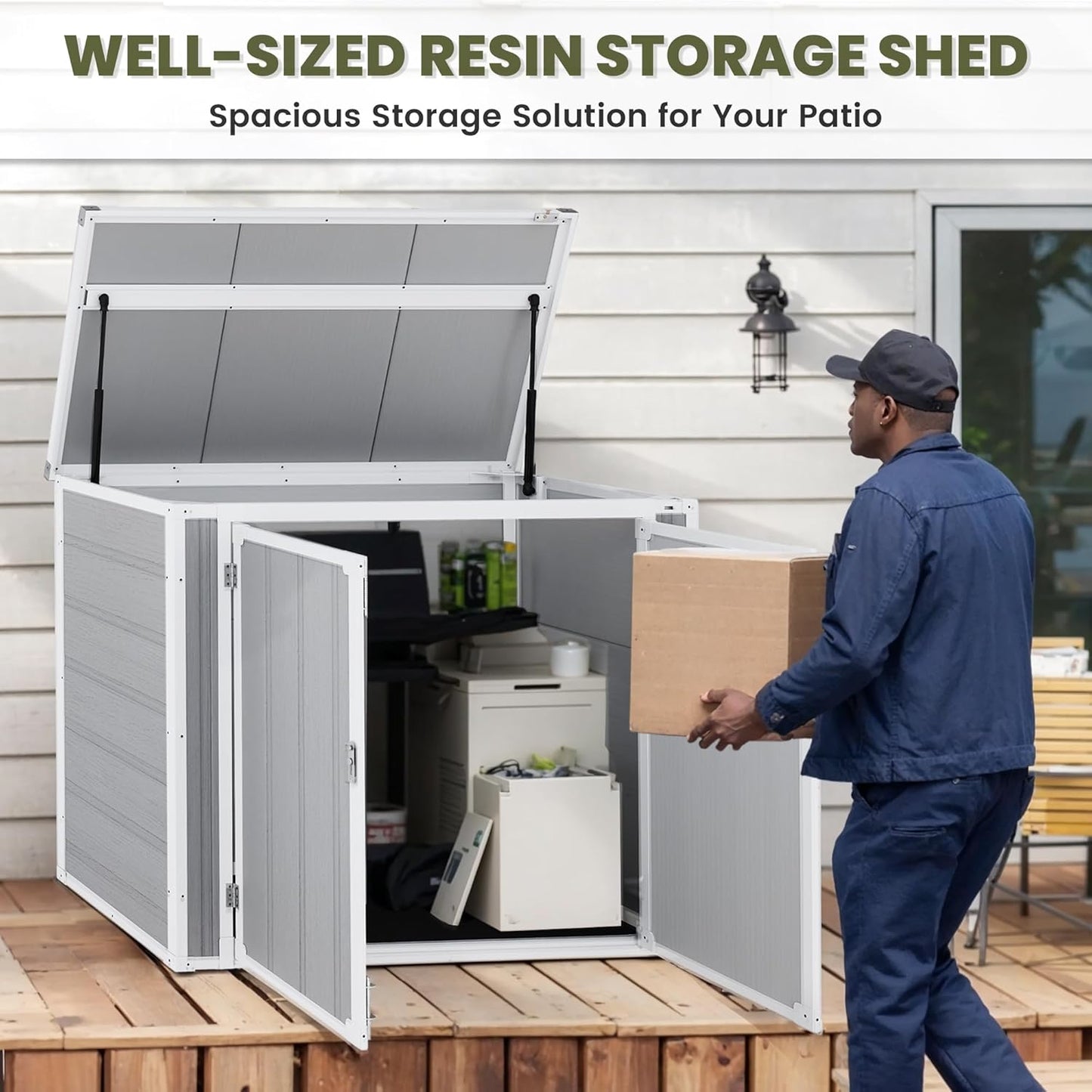 Horizontal Storage Shed 41 Cu.Ft, Lockable Outdoor Resin Cabinet for Garbage Cans, Lawn Mower & Garden Tools, Weather-Resistant Design for Patio or Backyard (Cold Gray)