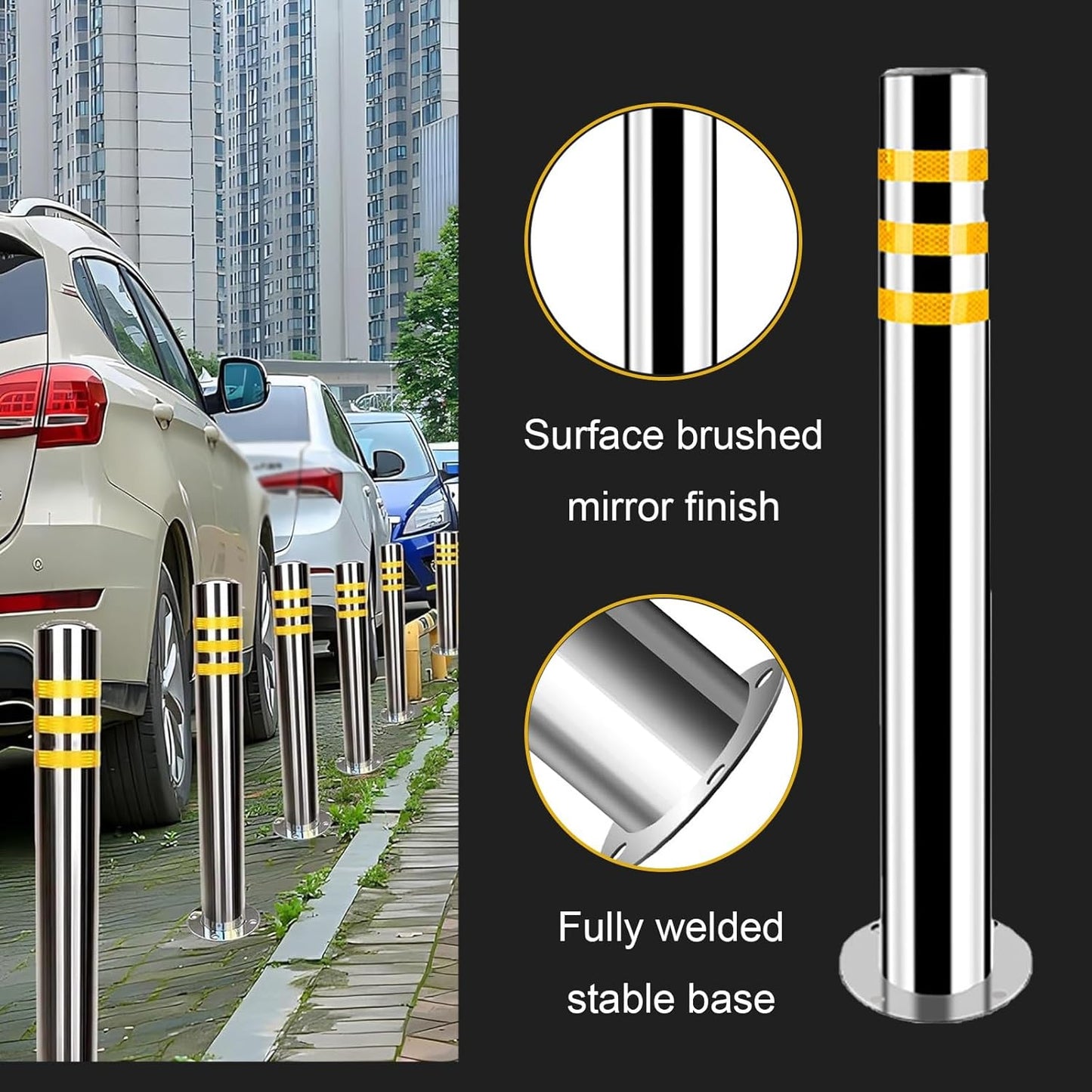 Stainless Steel Parking Bollards for Driveway, Industrial Safety Bollards Reflective Channelizer Post, Parking Barrier, Sturdy and Durable, Easy to Install, for Crowd Control(Silver (1pcs),8.9*75cm/3.