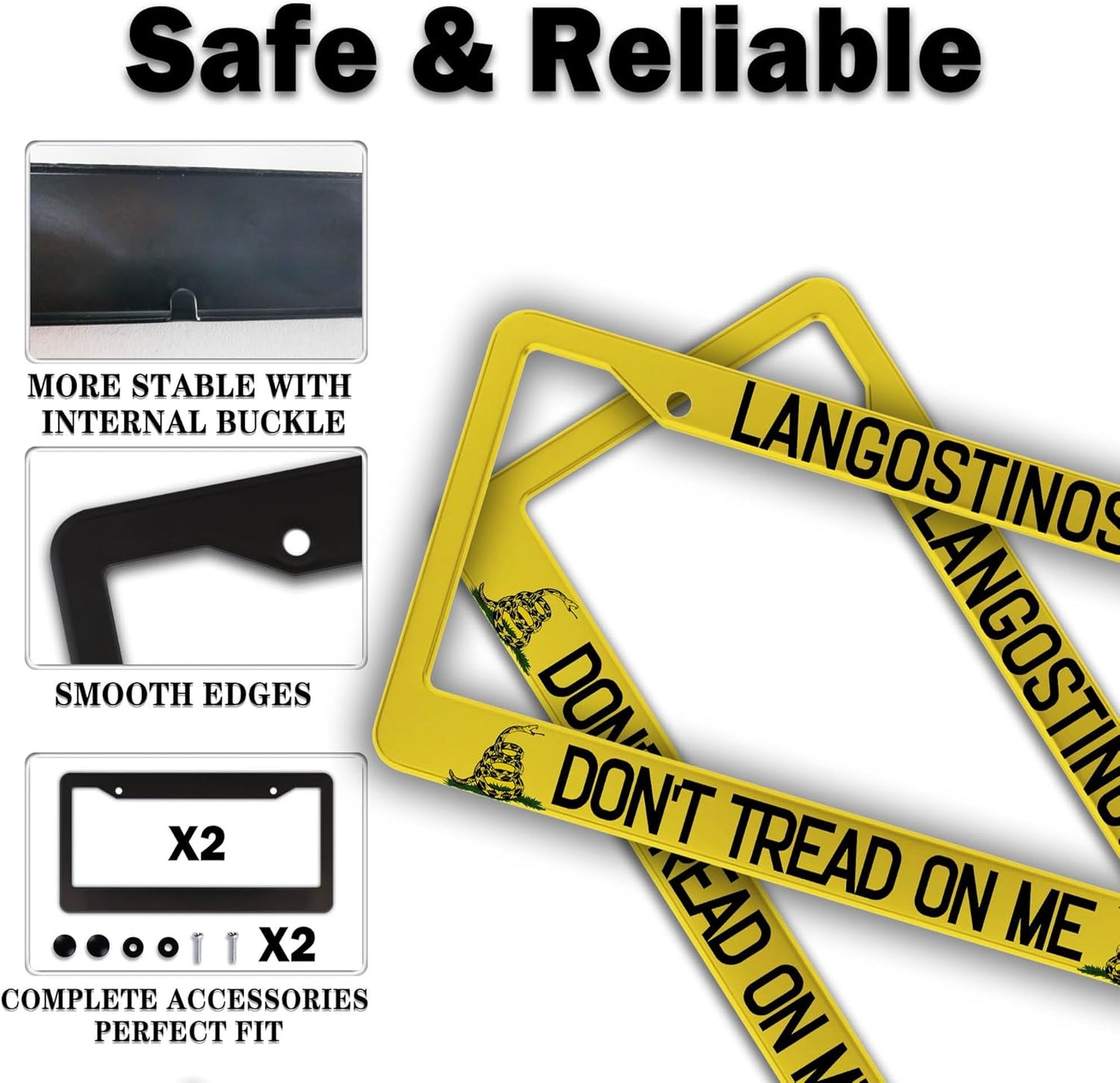 License Plate Cover Yellow Black License Plate Frames Langostinos Don’t Tread on Me Universal Aluminum Car Accessory 2 Pack with Screw Covers Set