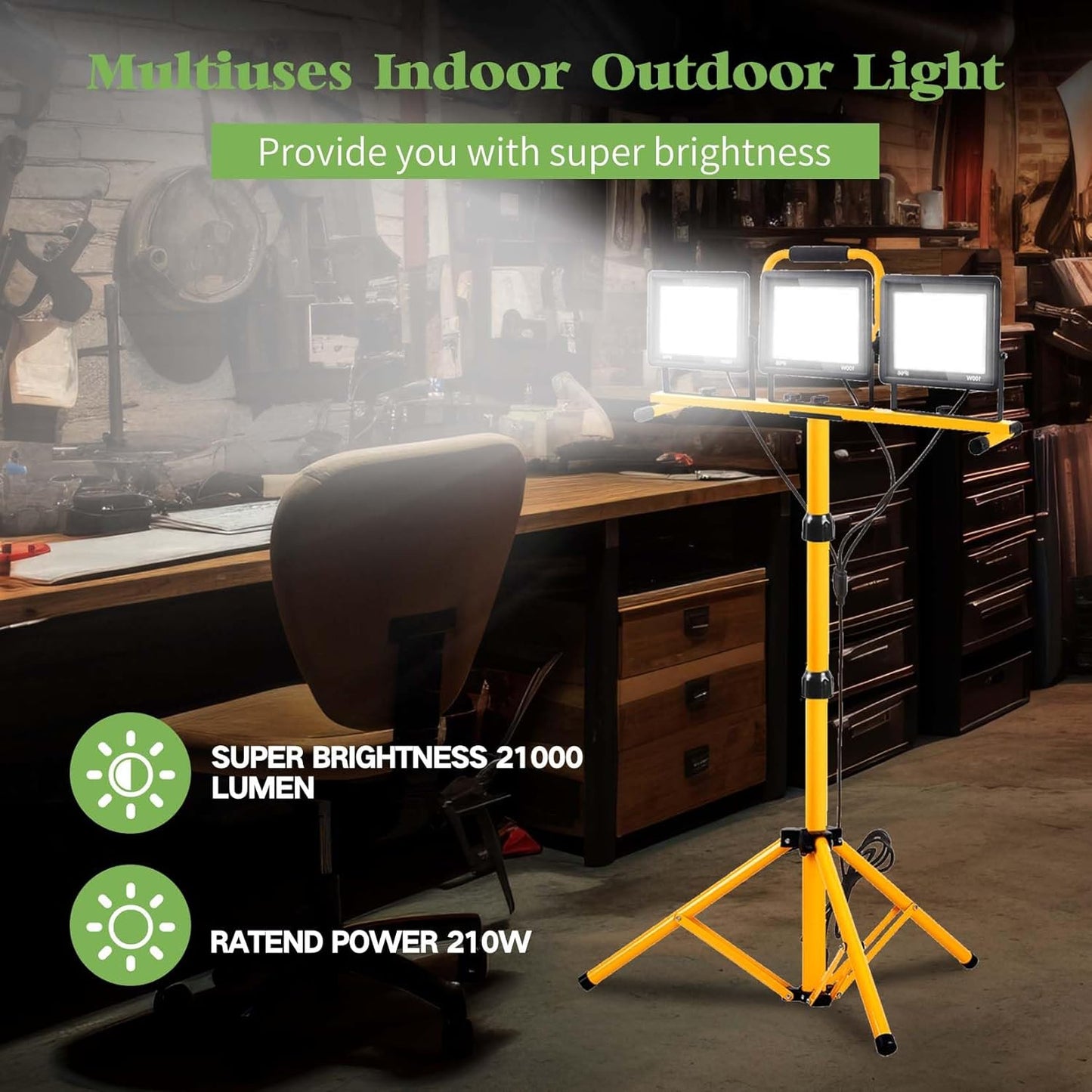 21000 Lumen Work Lights with Stand, 3 Adjustable Head LED Work Light，Foldable Tripod Stand and Portable Removable Led Construction Lights