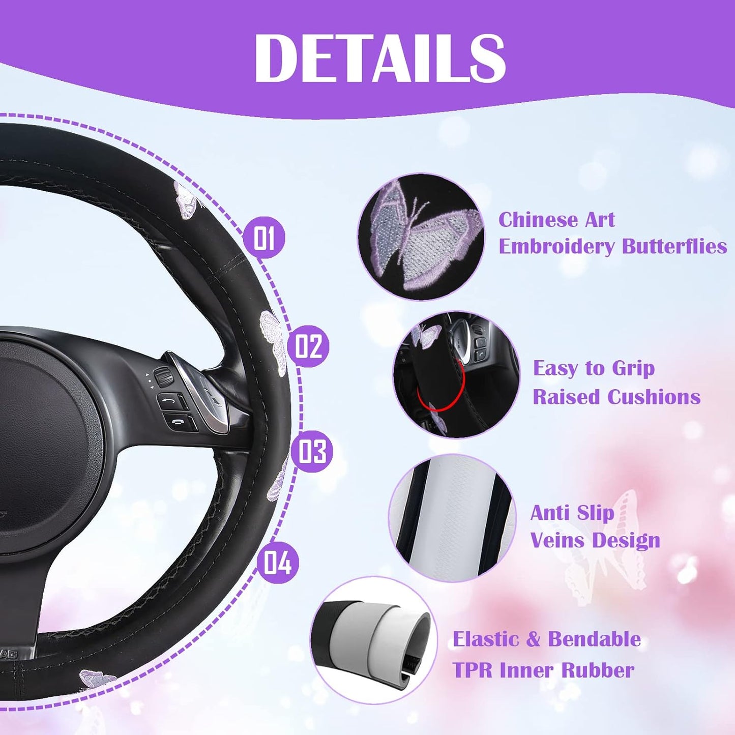 Car Pass Purple Embroidery Butterfly Steering Wheel Cover, Universal 15 Inch Car Wheel Cover for Women Girls, Fit for Suvs,Small Trucks,Sedans,Cars (Black and Purple)