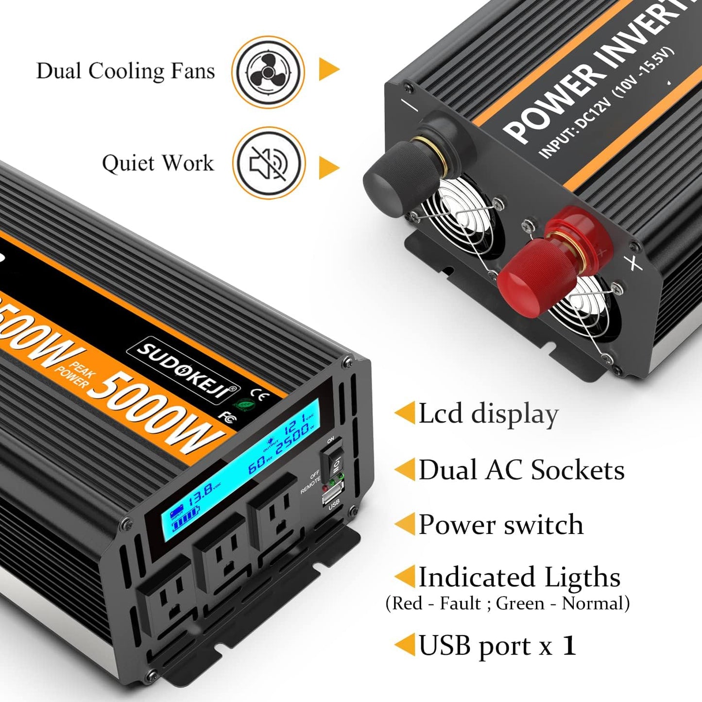 SUDOKEJI 2500W Power Inverter 12V DC to AC 110V/120V (Peak) 5000W Converter 3 sockets car Inverter with Remote Control and LED Display 3.4v USB Port