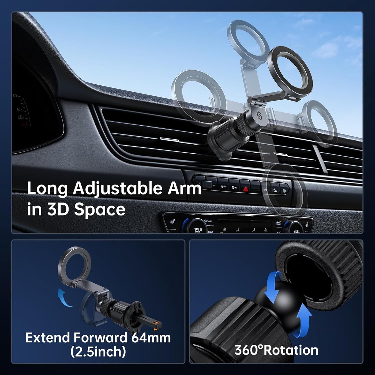SYNCWIRE for Magsafe Car Mount Vent - Magnetic Phone Holder for Car [3D Long Arm | Flexible Rotation | Strong Magnets] Air Vent Car Phone Mount for iPhone 16 15 14 13 12 Pro Max Plus Mini Mag Safe