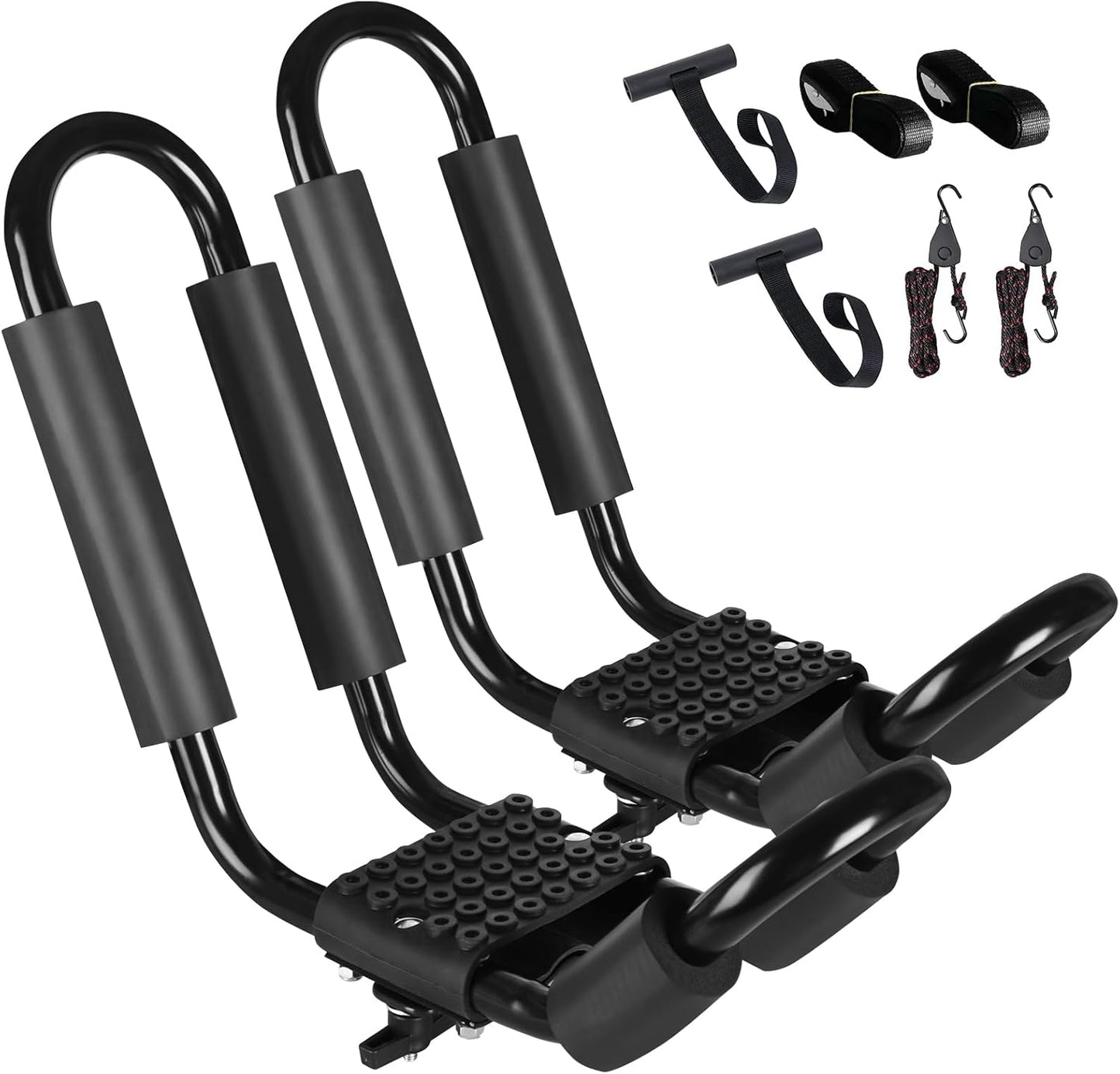 FORWODE Heavy Duty Kayak Roof Rack, 1 Pair J-Bar Kayak Rack with 2 Ratchet Tie, 2 S-Hook Ratchet Straps, 2 Anchor Belts for Kayak Canoe Boat Surf Ski on SUV Car Truck Crossbar