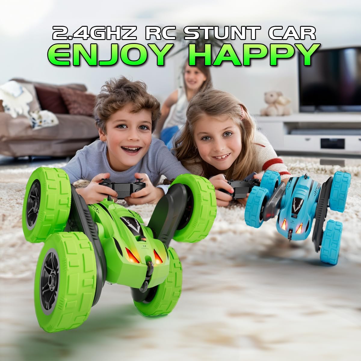 Remote Control Car for 6-12 Year Old Double Sided 360°Rotating 4WD RC Cars with Headlights 2.4GHz Rechargeable Electric Stunt Race Car Toy for Boys Girls Birthday Gifts(Blue)