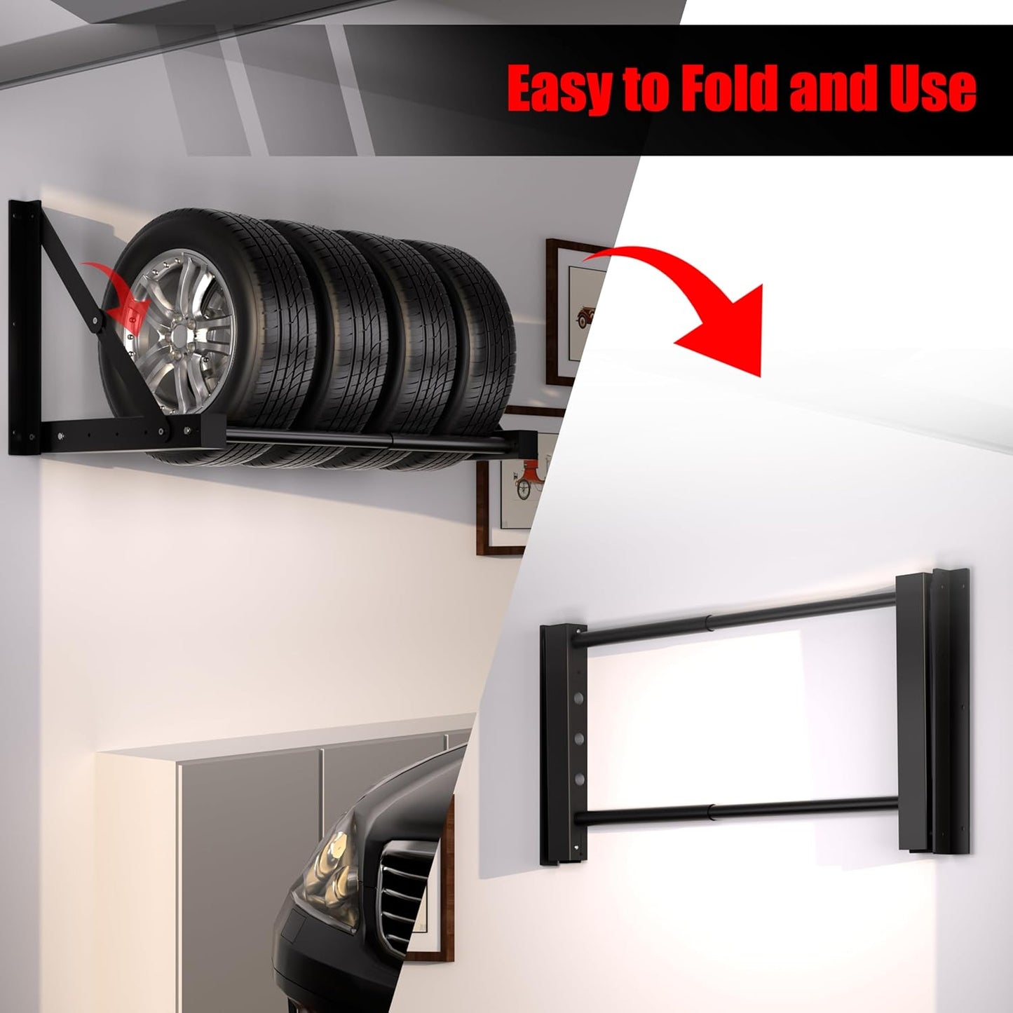 Wall Mount Folding Tire Rack, 32 to 48 Inches Wide Adjustable Tire Storage Rack, Heavy-Duty Steel Tire Storage Rack for Garage ,Workshop, Repair Shop, Supports 400 Pounds and Folds Flat