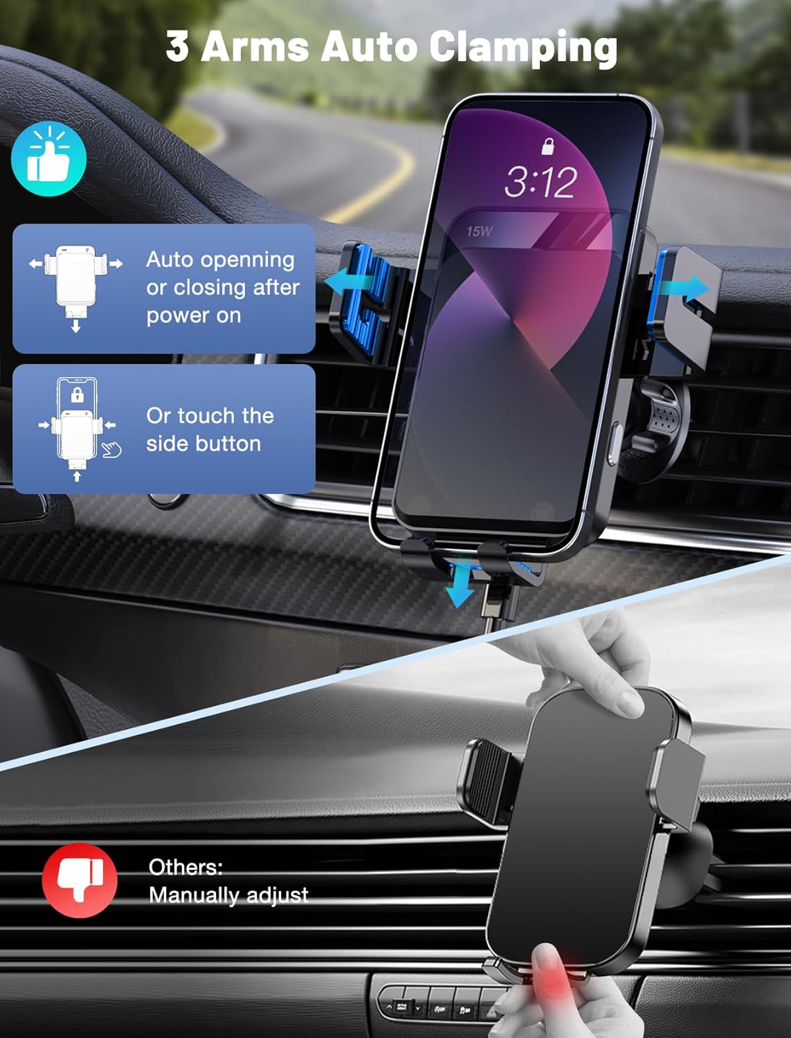 Wireless Car Charger, MOKPR Auto-Clamping Car Mount 15W/10W/7.5W Fast Charging Air Vent Car Phone Mount Compatible with iPhone 16 15/14/13/13 Pro/12 Pro Max/12 pro/12/11/10/8 Series, Samsung Galaxy