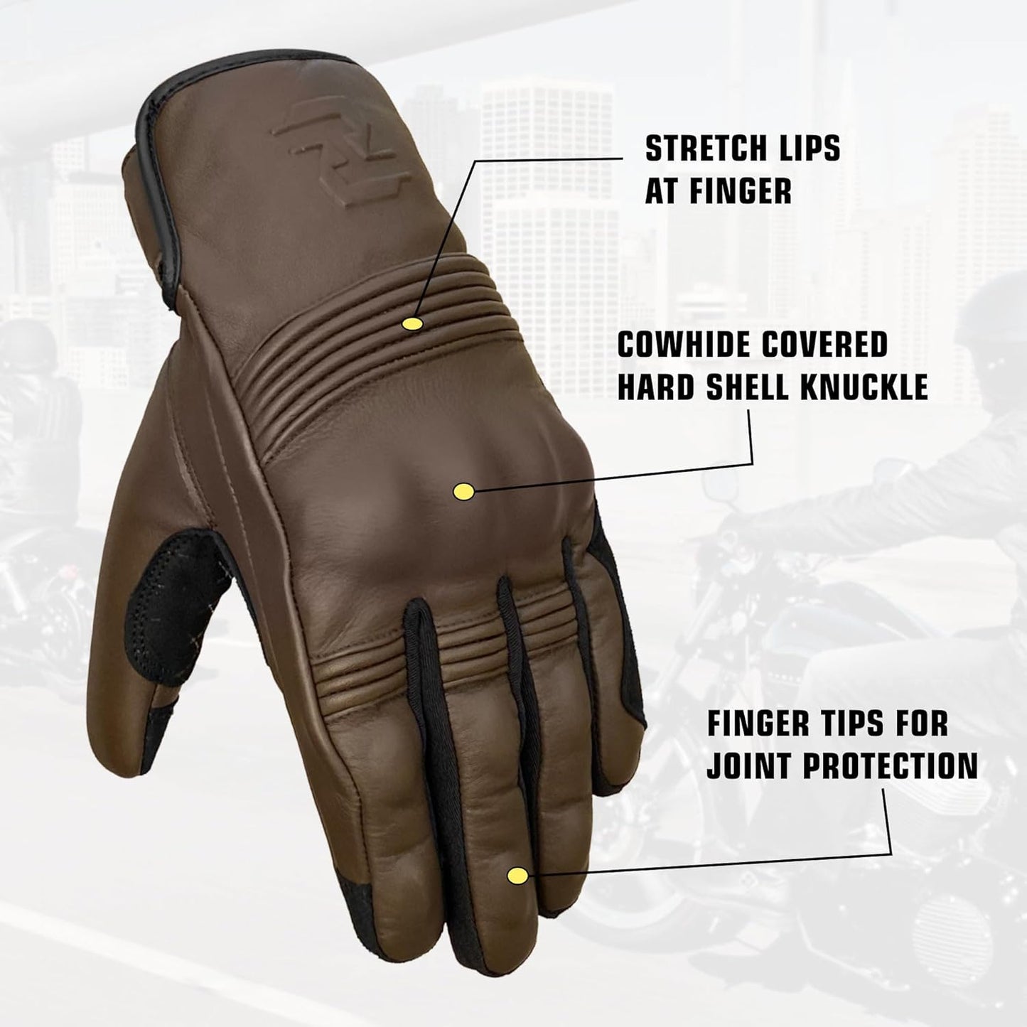 Leather Motorcycle Gloves for Men and Women | Touchscreen | Full Finger | Goatskin Leather Hard Knuckle Motorcycle Riding Gloves (Classic Brown, X-Large)