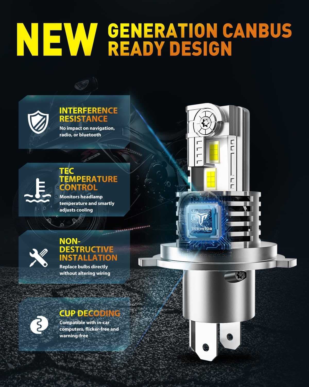 H4/9003/HB2 LED Bulbs, 55000 LM 1000% Ulter-Bright, 6500K Cool White, 60/55W Fan Light Bulb, 70000+ HRS 1:1 Halogen Size, Plug-N-Play, Pack of 2