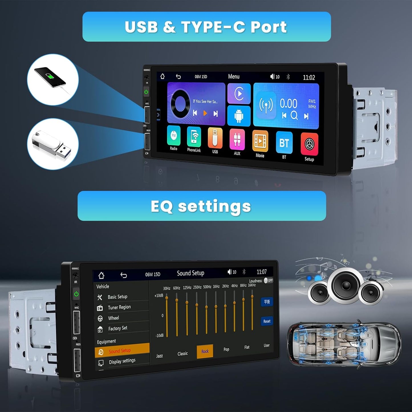 6.9 Inch Single Din Car Stereo with Carplay Android Auto, HD Touchscreen with Bluetooth FM Radio EQ SWC Dual USB Port with Backup Camera MIC MP5 Player Car Audio Receiver