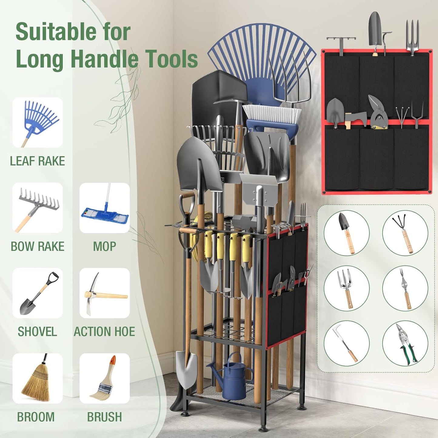 Garden Tool Organizer,Metal Yard Tool Organizer,Holds 50 Long-Handled Tools/Rakes/Brooms,Side Garden Pocket,Heavy Duty Steel Yard Tool Storage Rack for Garage,Shed, Outdoor