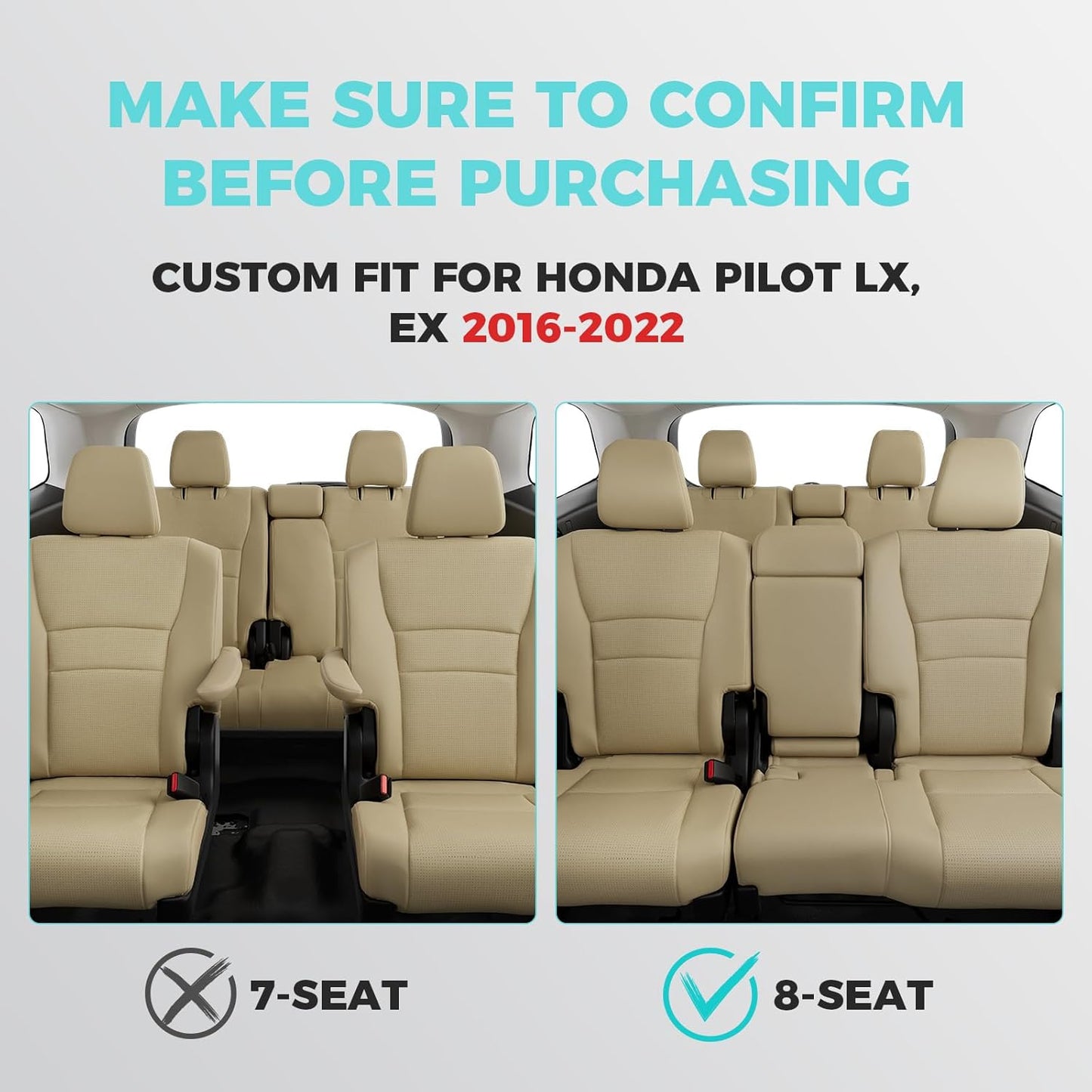 Custom for Honda Pilot Seat Covers, Car Seat Protectors Full Set for Pilot LX EX 2016 2017 2018 2019 2020 2021 2022-8 Seats, Faux Leather Full Coverage Waterproof, Beige