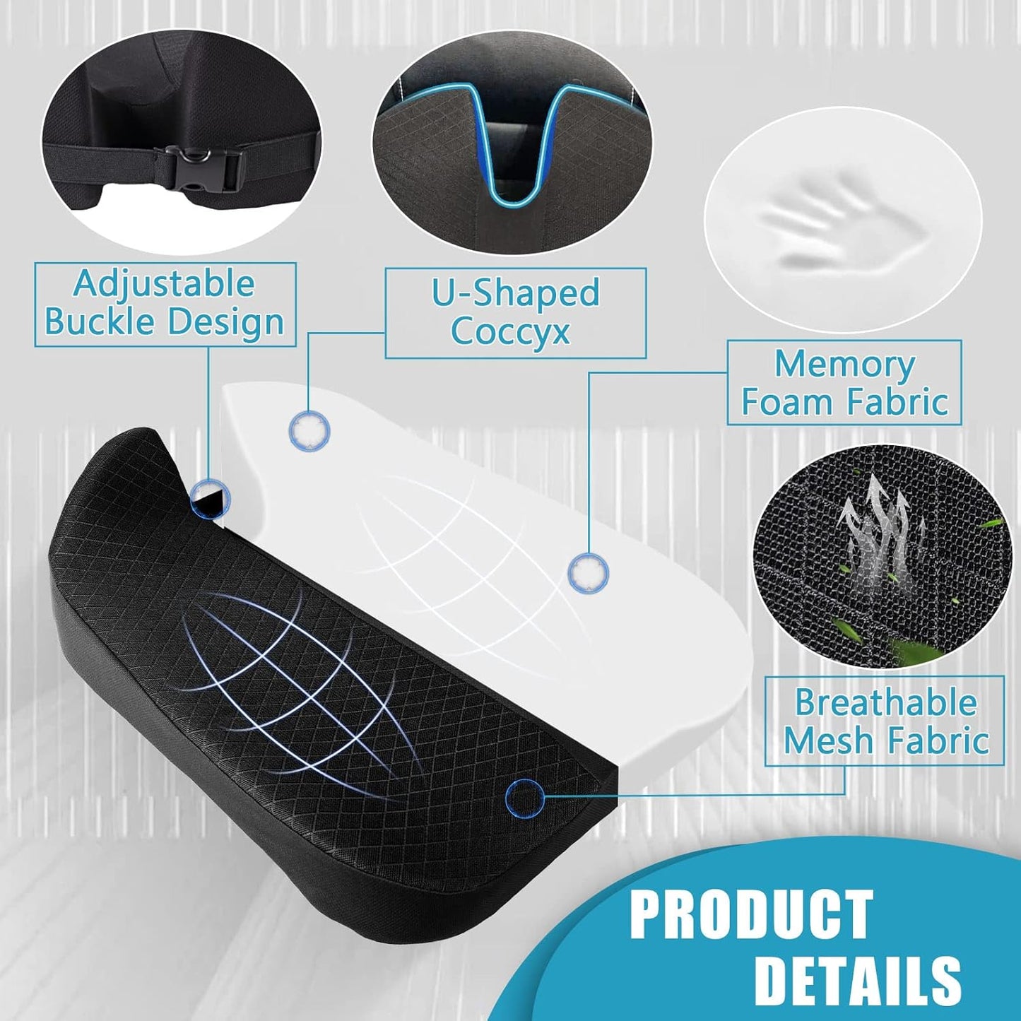 MYFAMIREA Car Coccyx Seat Cushion Longer Office Chair Cushion, Memory Foam Tailbone Heightening Wedge Booste, Fit Hip Shape Lower Back Pain Relief, 3D U-Shape Cushion for Car Seat Driver (Black)