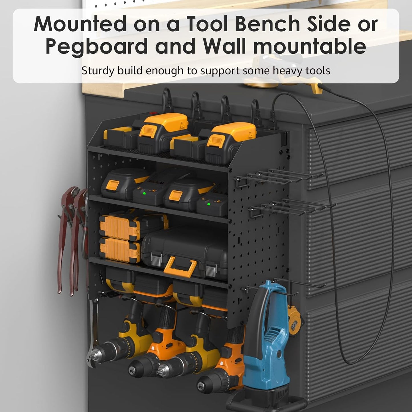 CCCEI Modular Power Tool Organizer with Charging Station. 4 Layer Wall Mount Drills Holder, Tool Battery Charger Organizer. Garage Shop Storage Utility Shelf with 10FT Power Strip, Gift for Men.