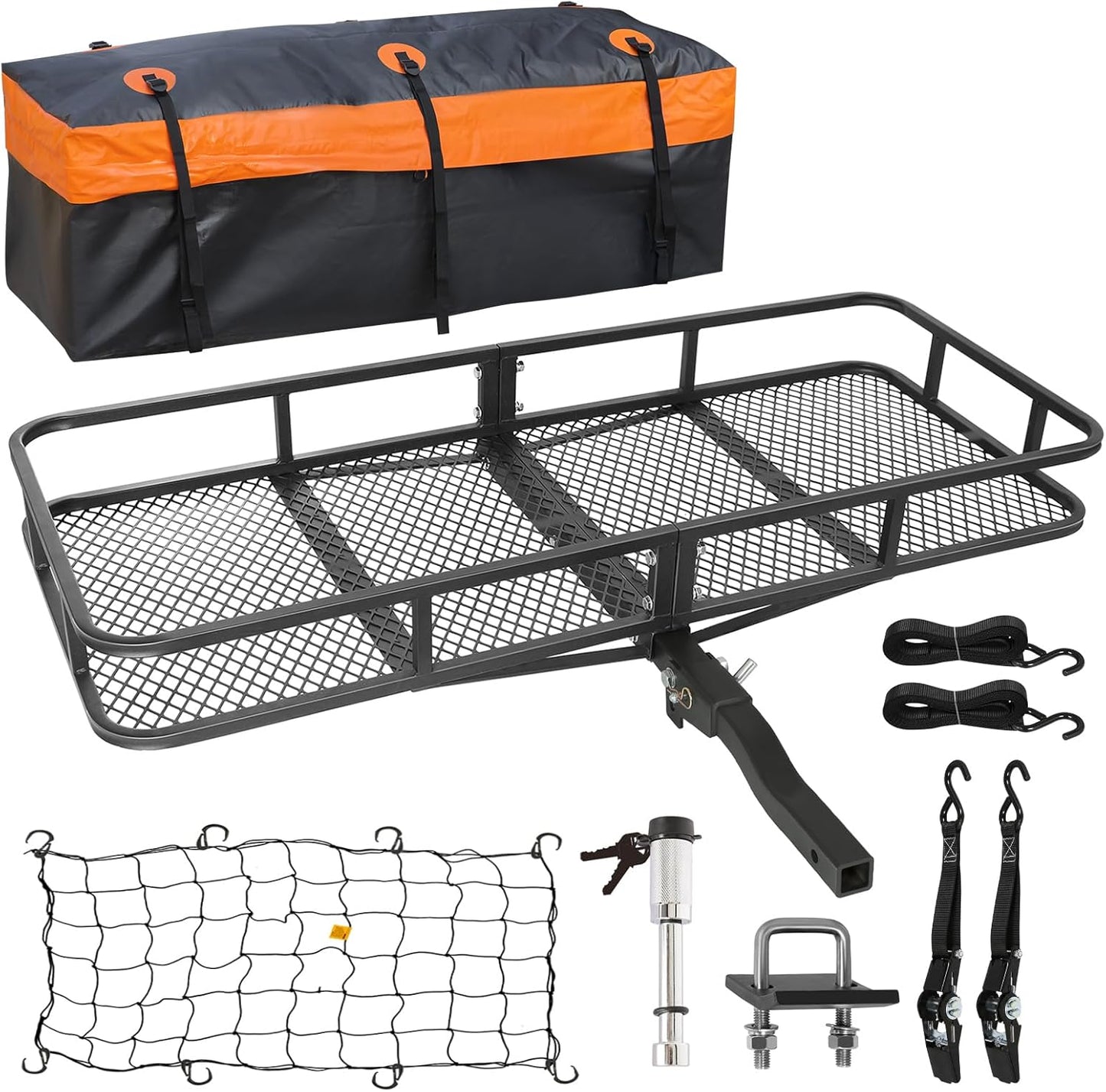 WEIZE Folding Hitch Mount Cargo Carrier Basket 60" X 20" X 6"+ Waterproof Cargo Bag, Hauling Weight Capacity of 500 Lbs and A Folding Arm, with Hitch Stabilizer, Net and Straps