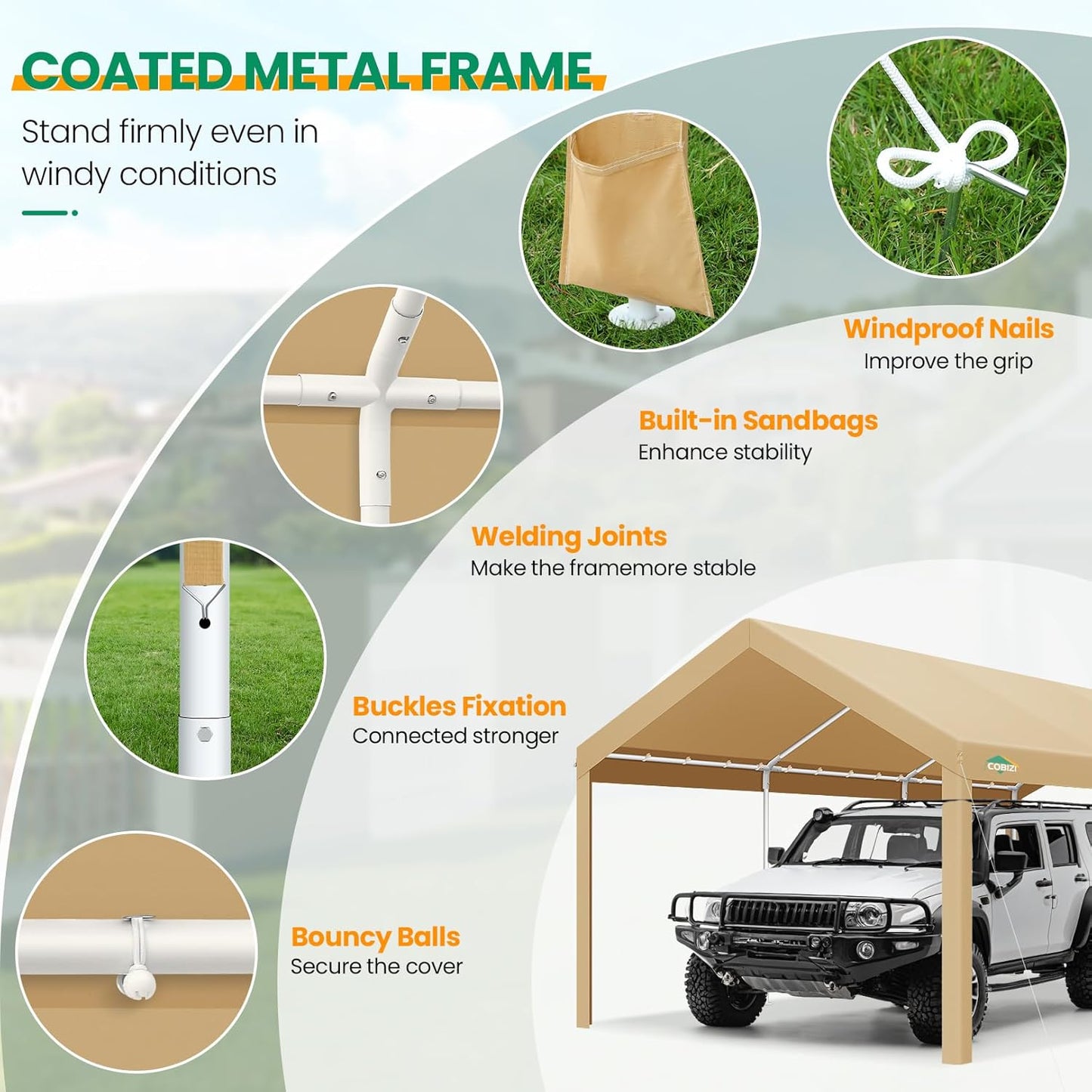 COBIZI Carport Canopy 12x20 Heavy Duty Car Tent Garage, Galvanized Frame Car Canopy Outdoor Shelter Waterproof & UV Protected with Built-in Sandbags & All-Season Tarp for Car Boat Truck, Khaki