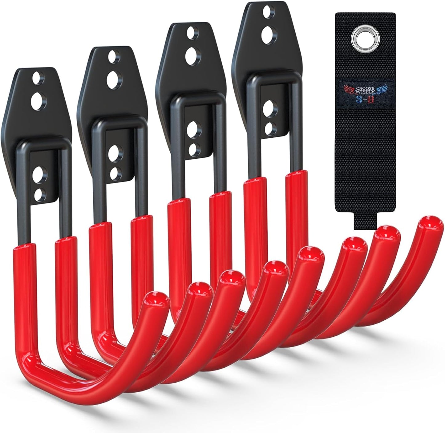 3-H Garden Hose Holder Wall Mount 4 Pack,Solid Steel Hose Hanger,Water Hose Holders for Outside,Perfect for Hanging Outdoor Air Hose,Ropes,Pipes,Garden Tools,Ladders,Bikes,Bulk Items(Red)