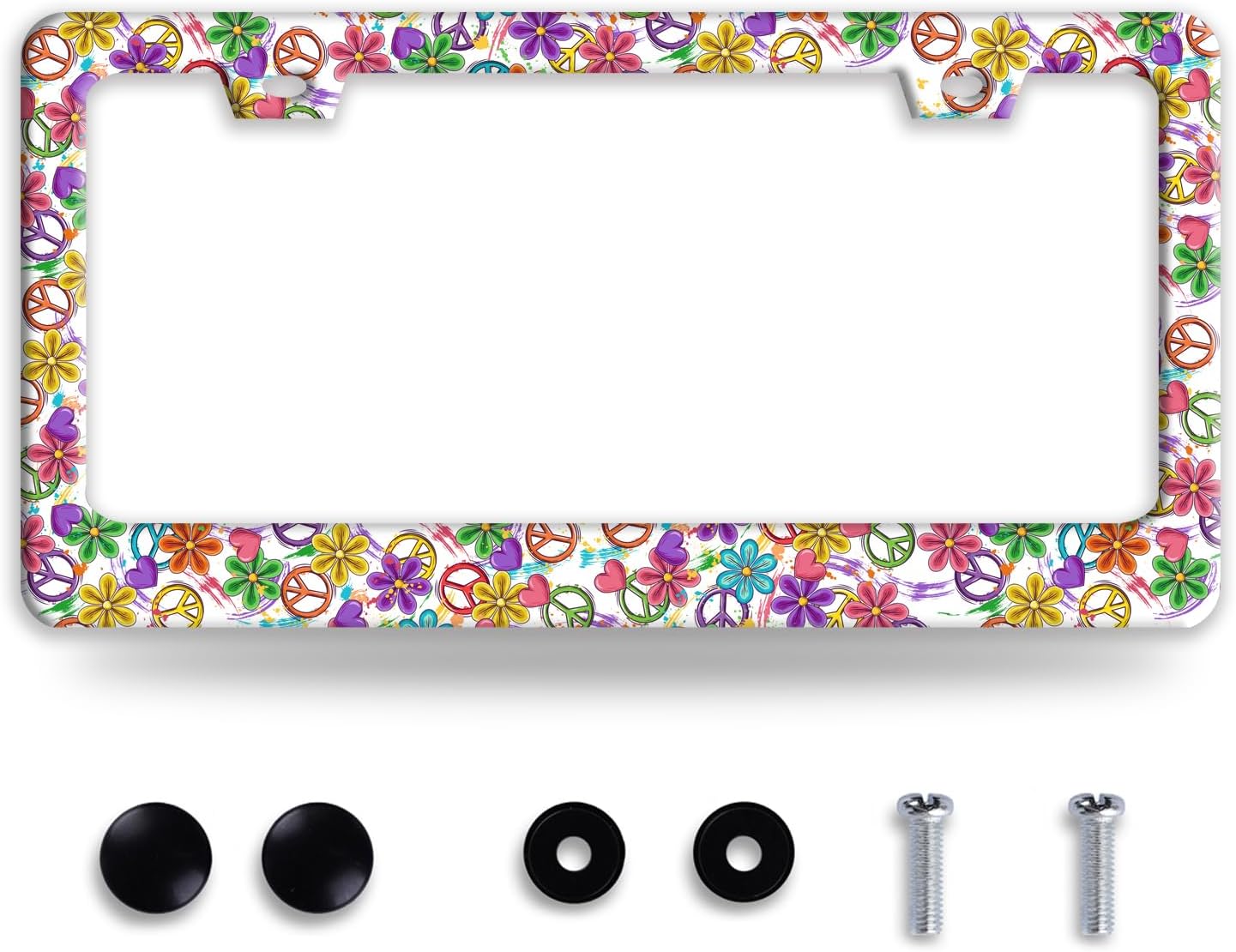 Peace Flower License Plate Frame Funny Colorful Floral License Plate Frames Stainless Steel Accessories Cars Decor With 2 Holes And Screws Fits Standard Us Ca Vehicles License Plate Holder 12.2 X 6 In