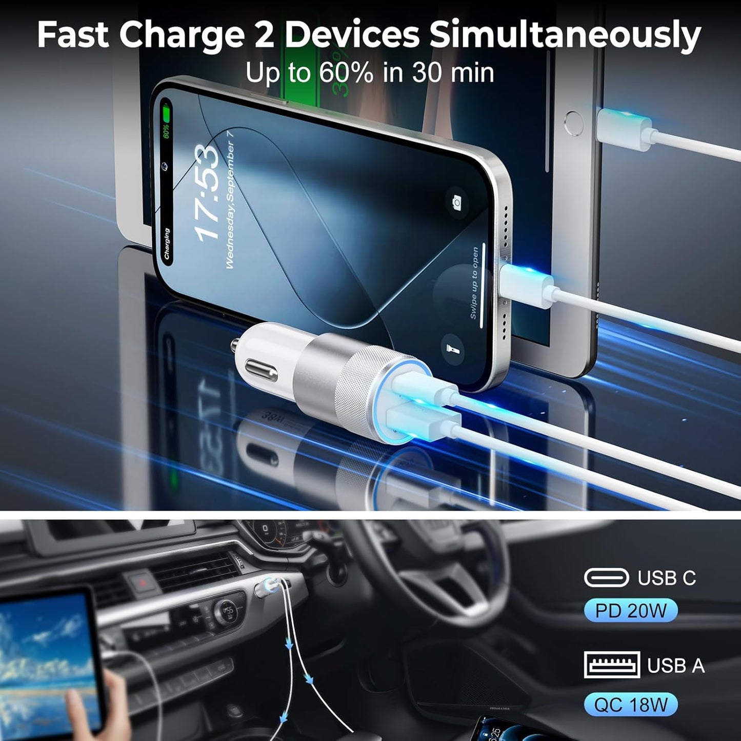 Car Charger USB C 6-Pack, Ancekoy 38W Dual Port Cigarette Lighter with PD3.0 + QC3.0 Type C Car Charger Adapter iPhone 16/15 Pro Max/Samsung Galaxy S24/S23/S22Plus/Ultra/,iPad Pro(White)