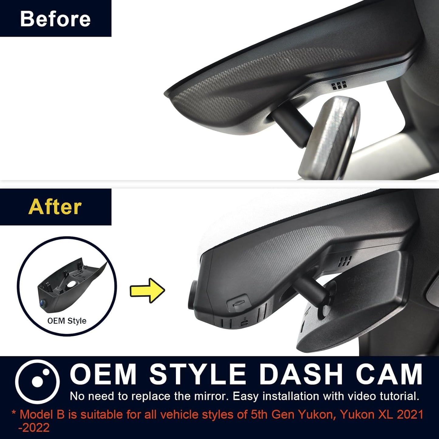 Front 4K & Rear 1080P Dash Cam Custom fit for GMC Yukon, Yukon XL 2021-2022 (Model B), SLE SLT AT4 Denali, Integrated OEM Look, UHD 2160P Video, G-Sensor, Loop Recording, 128GB Card