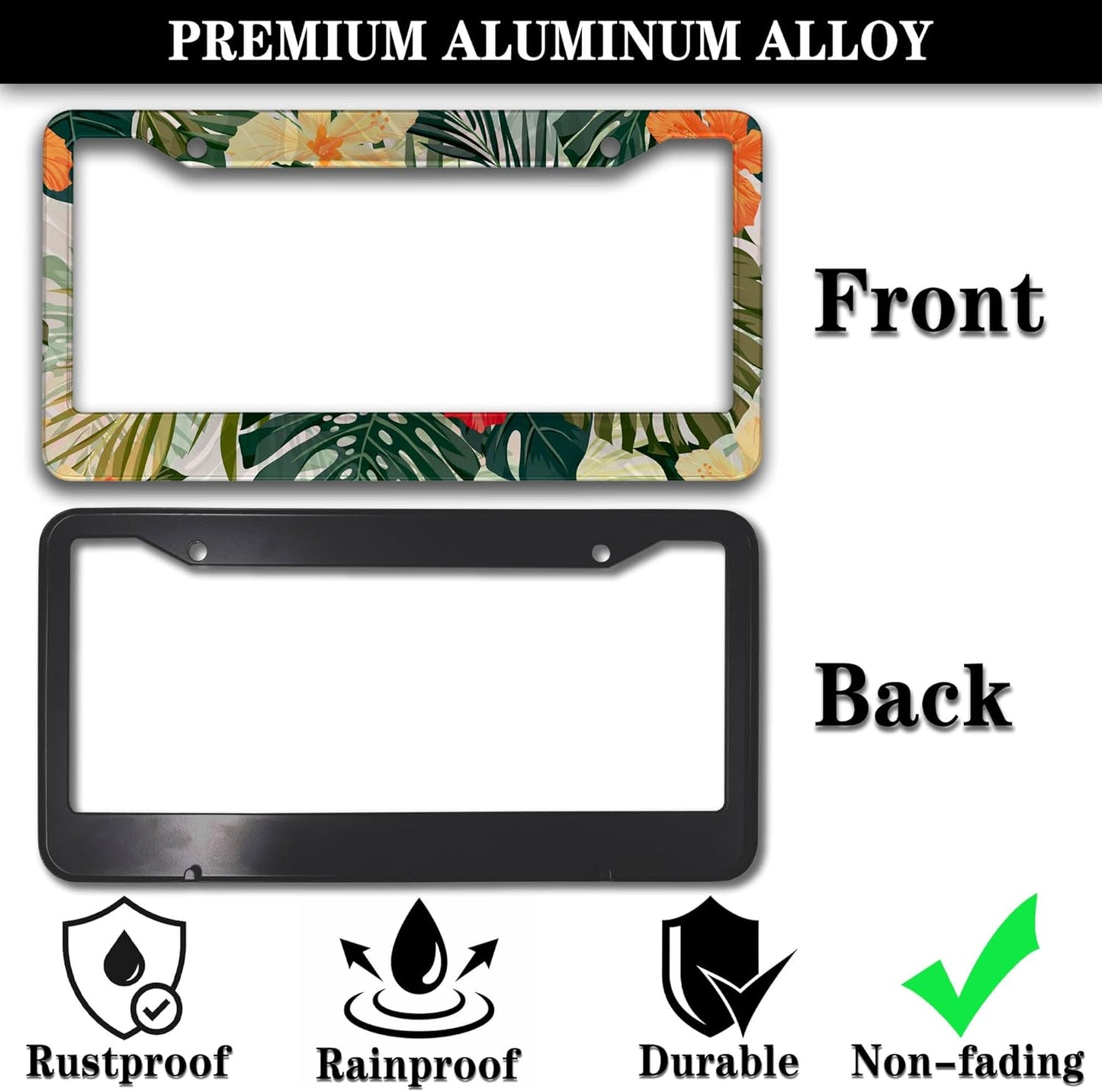 Car Plate Frames Multicolor License Plate Protector Hawaiian Retro Tropical Palm Leaves Universal Aluminum Car Accessory 2 Pack with Screw Covers Set
