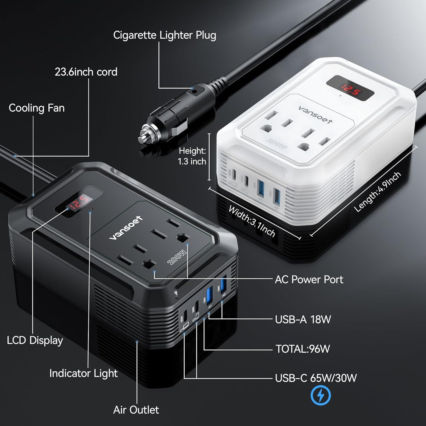 200W Car Power Inverter DC 12V to 110V AC Inverter with PD 65W/30W USB C & 2 QC 18W USB Ports & 2 AC Outlets,Car Pluɡ Adapter Outlet for Laptop/Phone/Road Trip