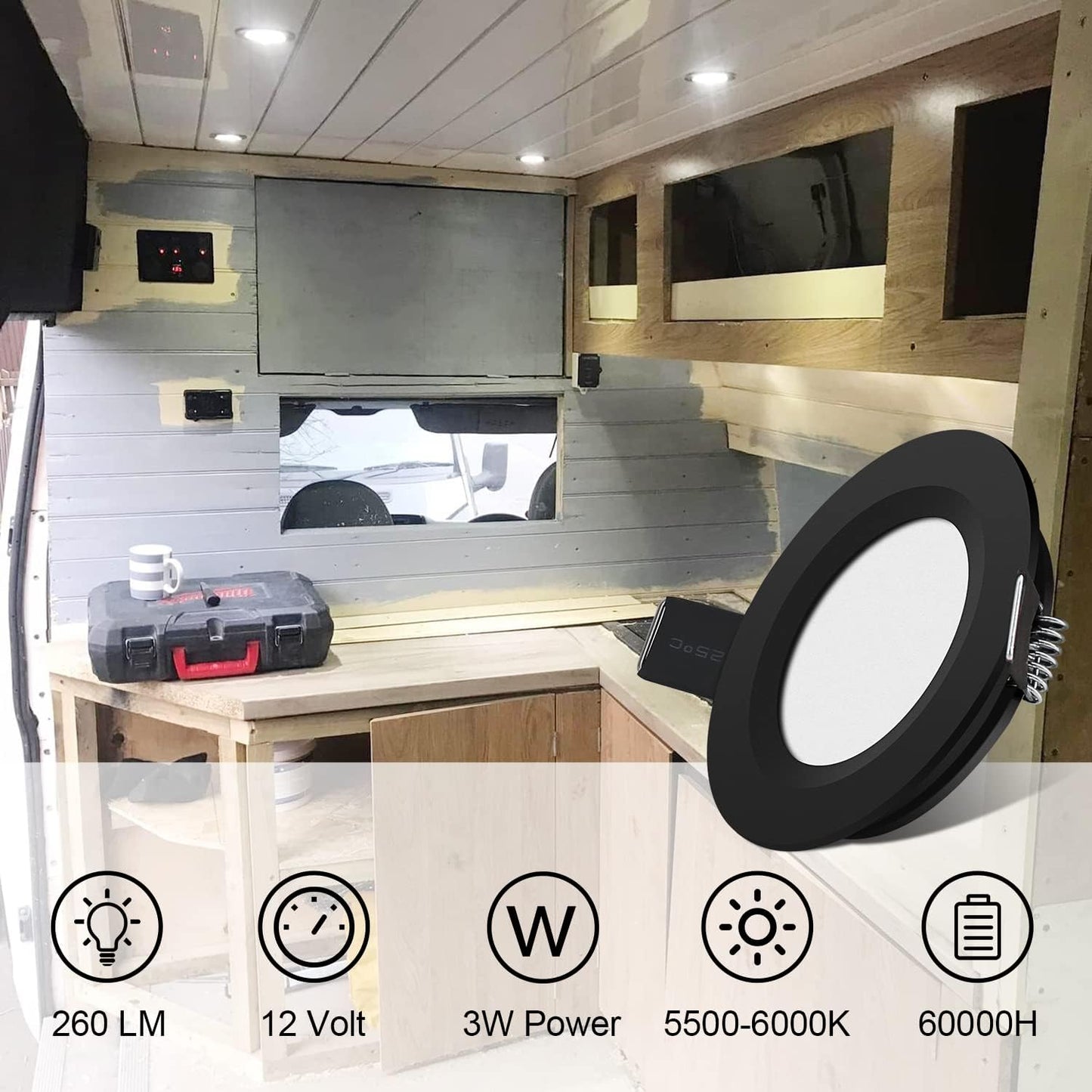 12 Volt LED Puck Light RV Boat Recessed Ceiling Light Super Slim LED Panel Light with Hole Puncher DC 12V 3W Full Aluminum Downlights 6 Pack,5500-6000k