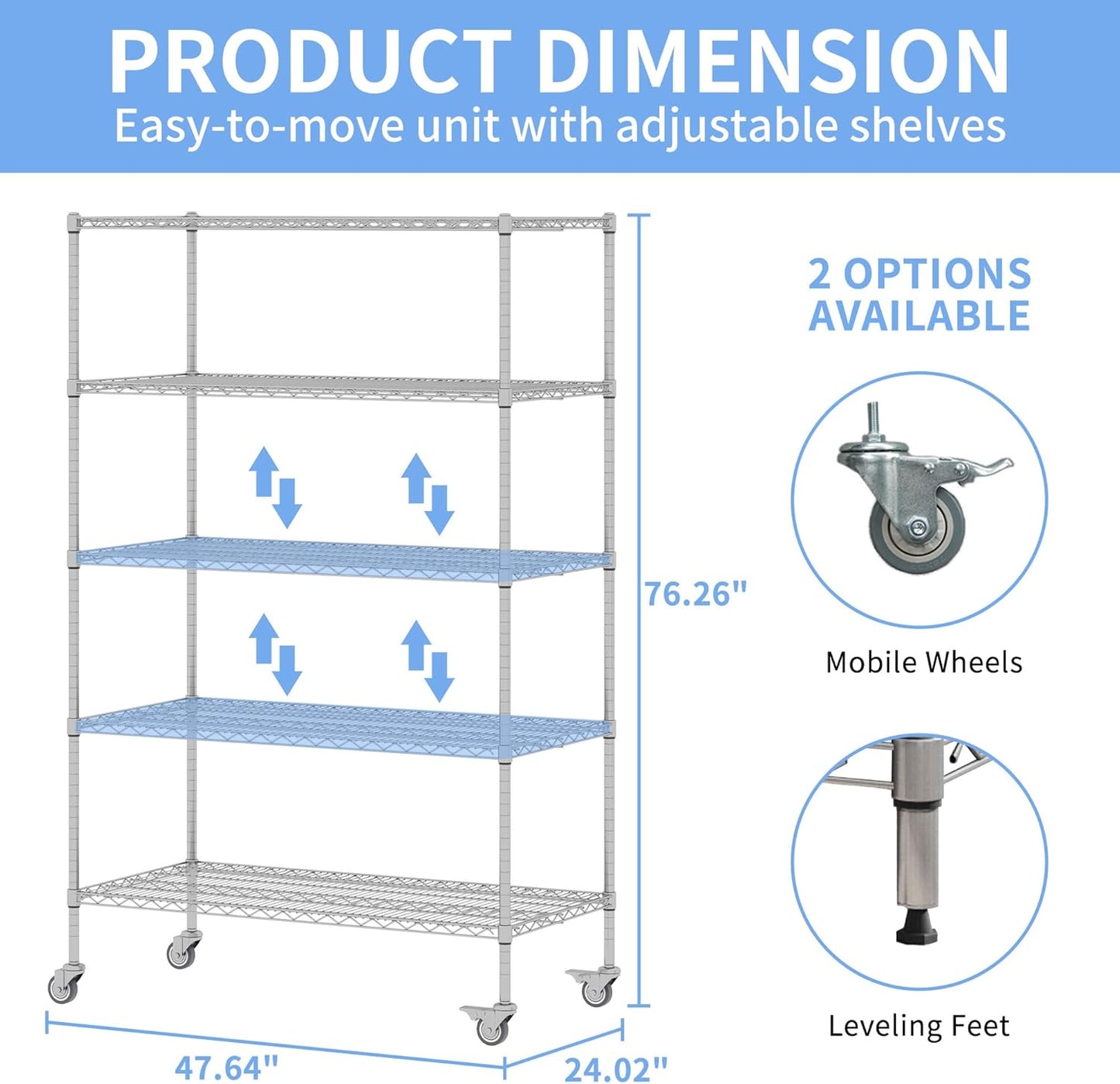 5 Tier Metal Shelving Unit with Wheels, 72" H x 48”W x 24”D Industrial Storage Shelves 1500 LBS Load Capacity, Steel Wire Storage Shelving for Garage, Kitchen, Pantry, Living Room