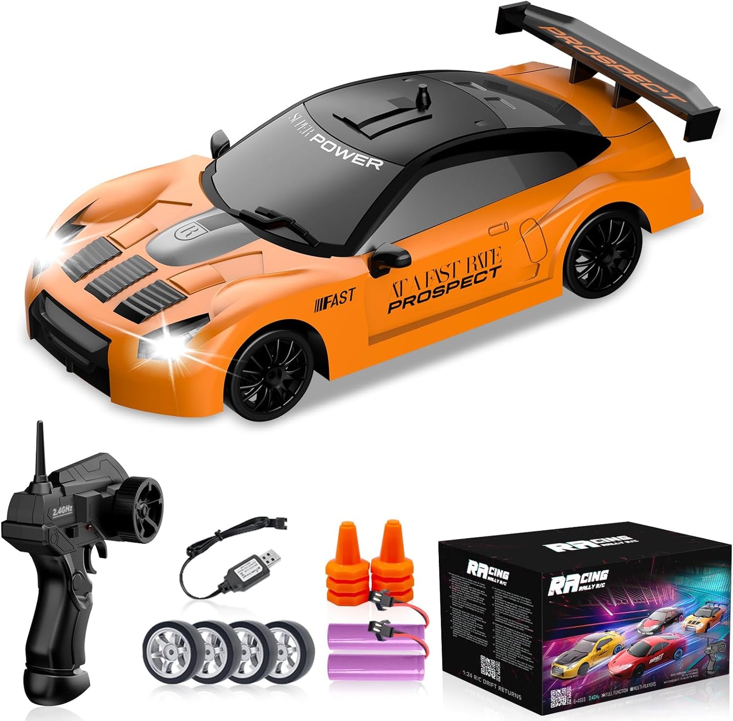 RC Drift Car 1/24 2.4GHz Remote Control Car 4WD High Speed Drifting RC Cars with LED Light, Two Batteries and Drift Tires Racing Toy Cars for Boys Girls Kids Adults (Orange)