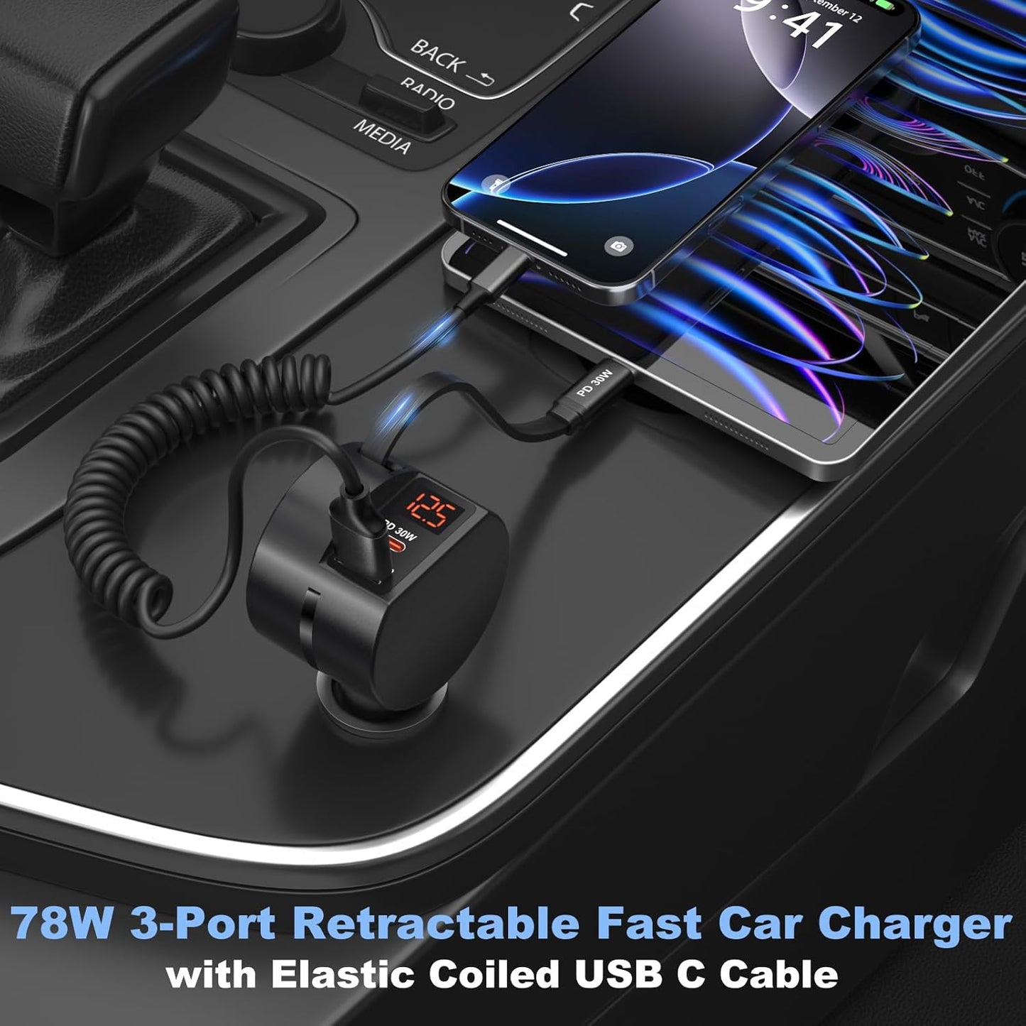 Retractable USB C Car Charger with Cord, OKRAY 78W 3-Port 12v Cigarette Lighter Adapter PD30W Fast Charging Samsung Car Charger & Coiled USB C Cable for Samsung Galaxy S25 S24 A16,iPhone 16 15 Pro Max