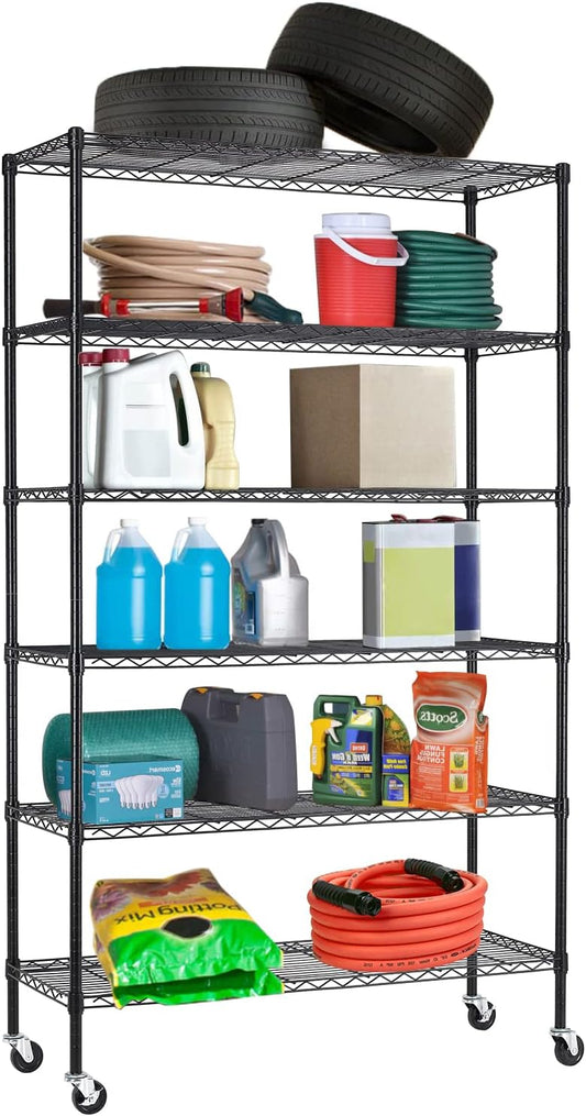 6 Tier Adjustable Metal Shelf Wire Shelving Unit Storage with Wheels 2100LBS Capacity 18" D x 48" W x 82" H for Restaurant Garage Pantry Kitchen Garage Rack,Black