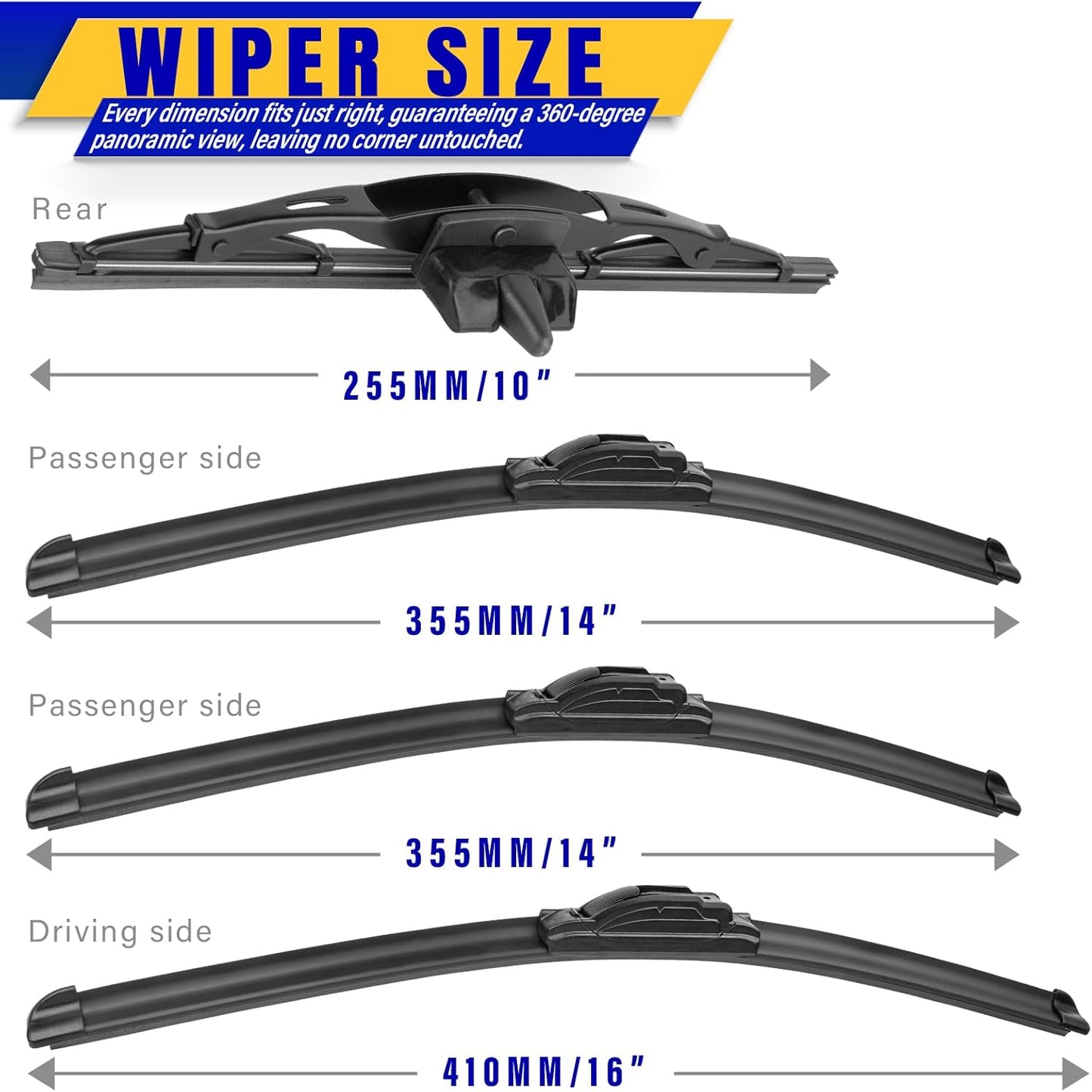 4 wipers Replacement for 2007-2014 Toyota FJ Cruiser, Windshield Wiper Blades Original Equipment Replacement - 16"/14"/14"/10" (Set of 4) U/J HOOK