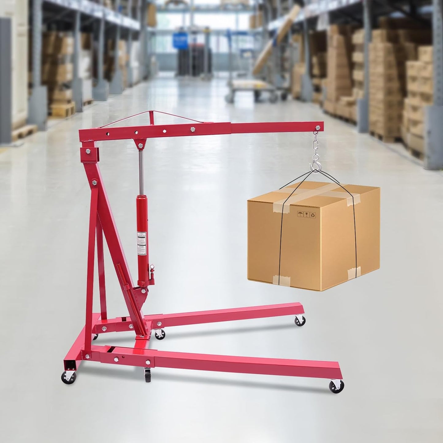 Folding Engine Crane 1 Ton Folding Engine Hoist 2200lbs Hydraulic Crane with 6 Iron Caster Wheels for Garage, Workshop (Red)