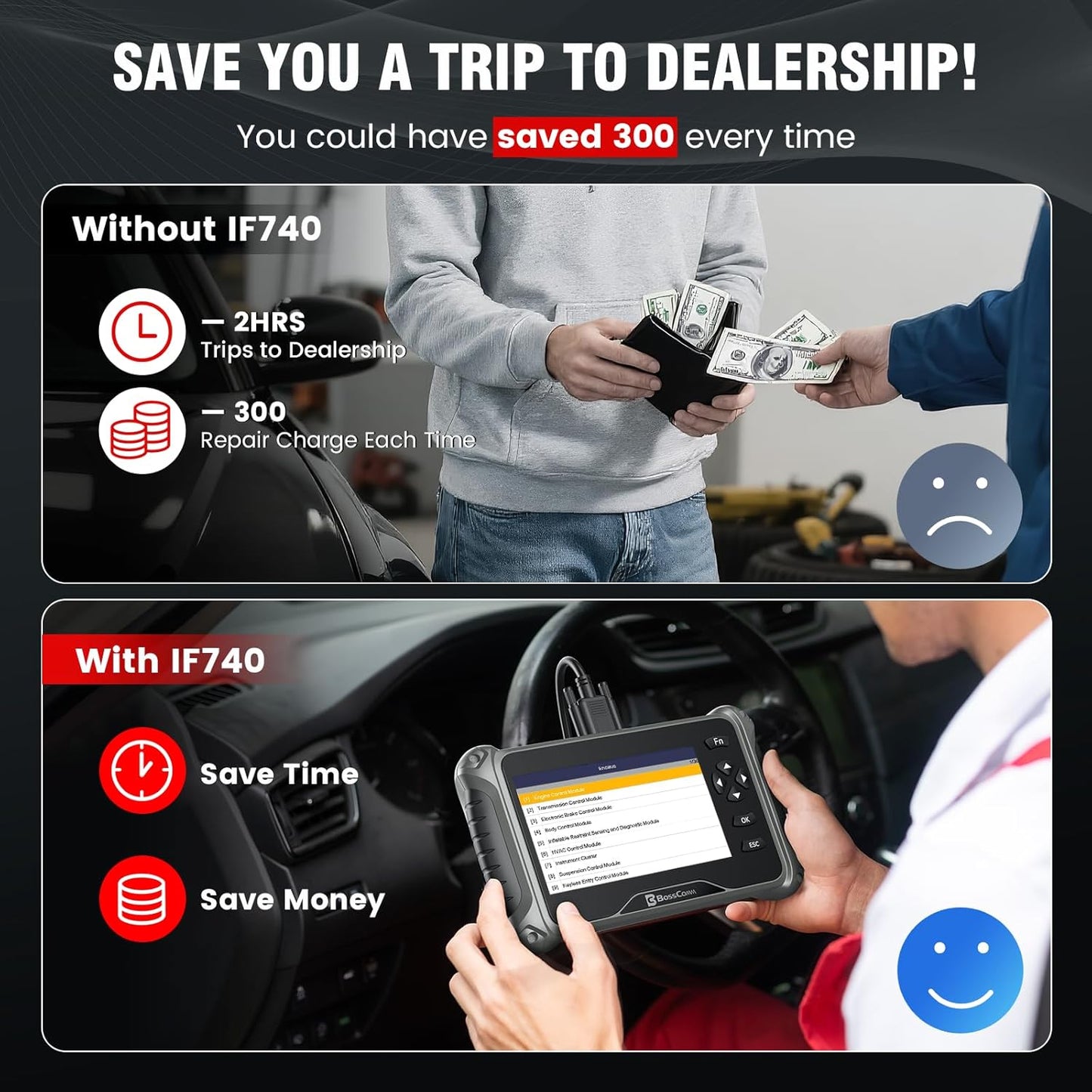 BOSSCOMM IF740 OBD2 Scanner, 4 Systems ABS/SRS/Transmission/Check Engine Code Reader Scan Tool with Oil＆Throttle Resets, Car Scanner Diagnostic Tool for All Cars, Easy to Use, Lifetime Free Update