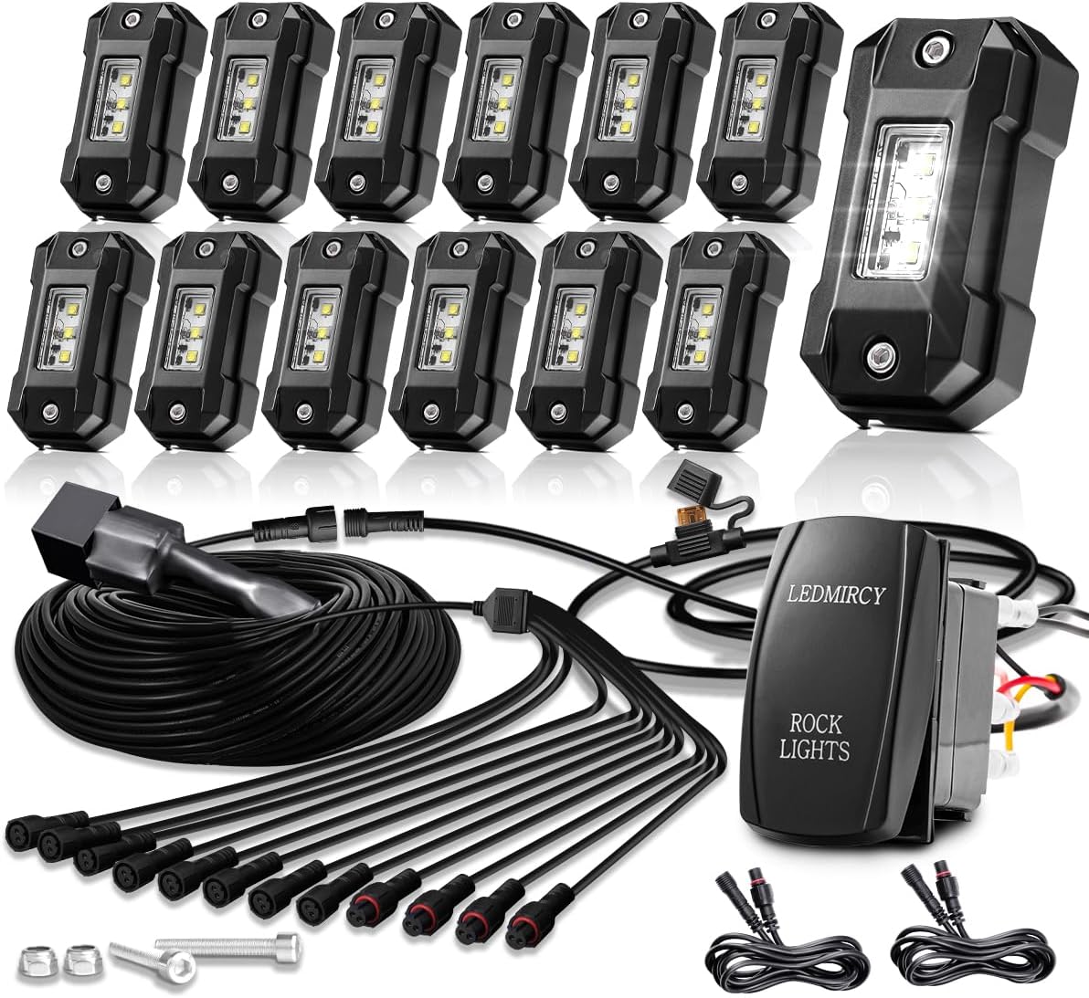 R4 Pure White LED Rock Lights Kit with Roker Switch Wire Harness 12PCS Rock Lights White for Offroad Trucks ATV UTV SUV Underglow Light Trail Rig Light Under Body High Power Waterproof