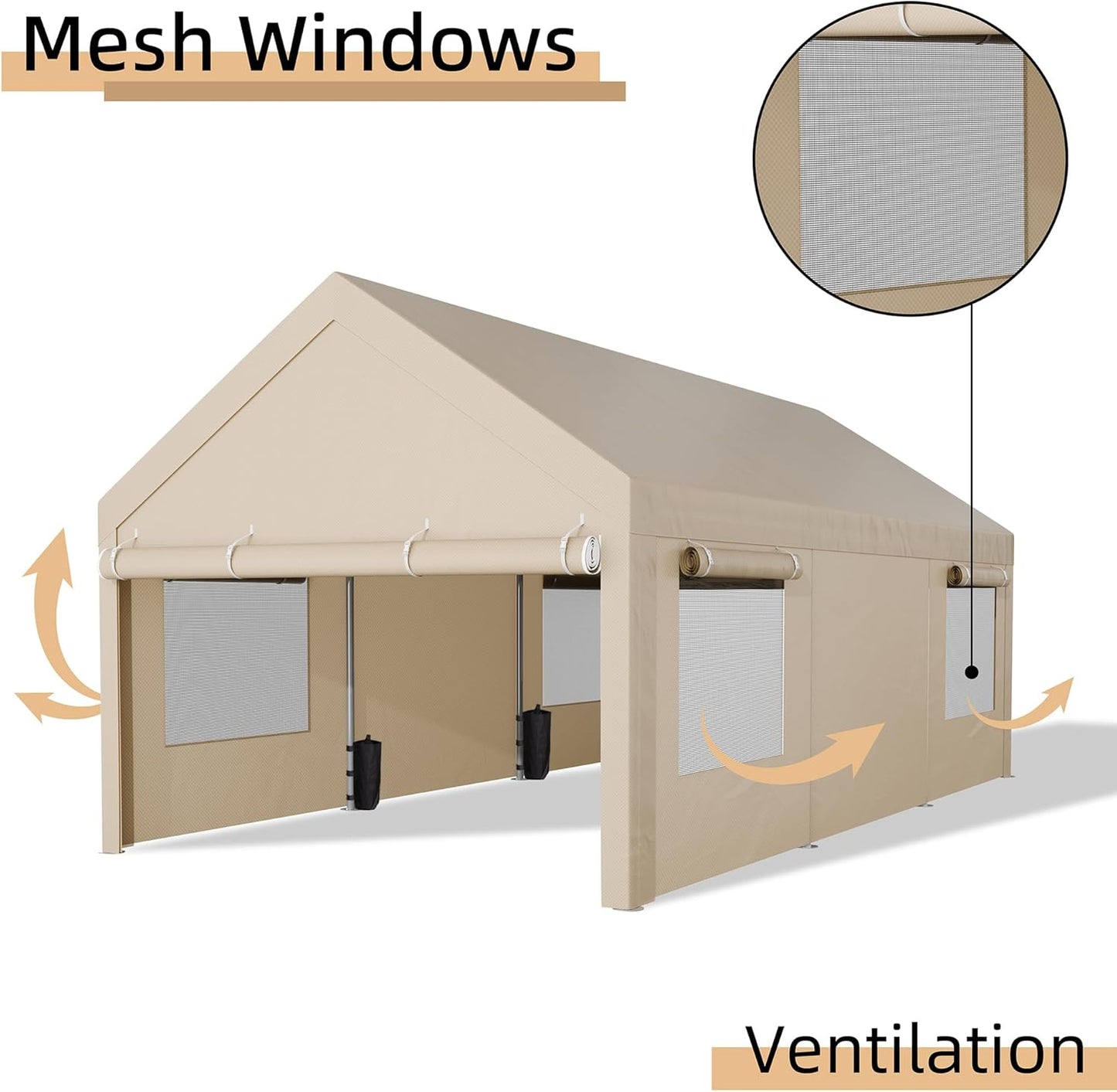 JY QAQA Carport, 12x20 FT Heavy Duty Carport Reinforced Steel Poles with Removable Sidewalls & Doors,Roll-up Windows Car Canopy with Sandbags and All-Season Tarp for Car Boat Truck Motorcycle,Khaki