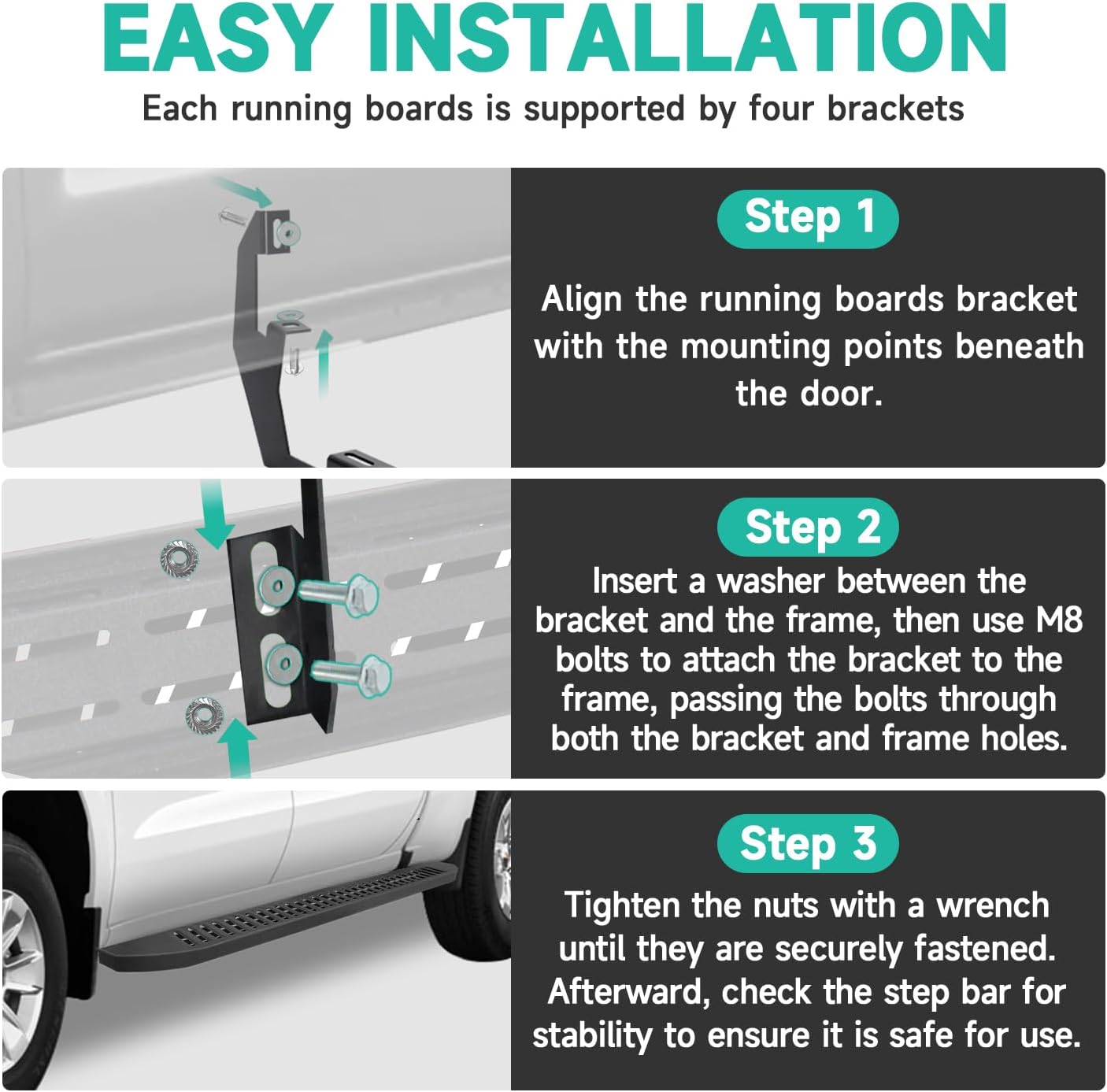 6'' Running Boards – Heavy-Duty Black Carbon Steel with Powder Coating – Compatible with 2019-2024 Silverado Crew Cab (Diagonal Slots)