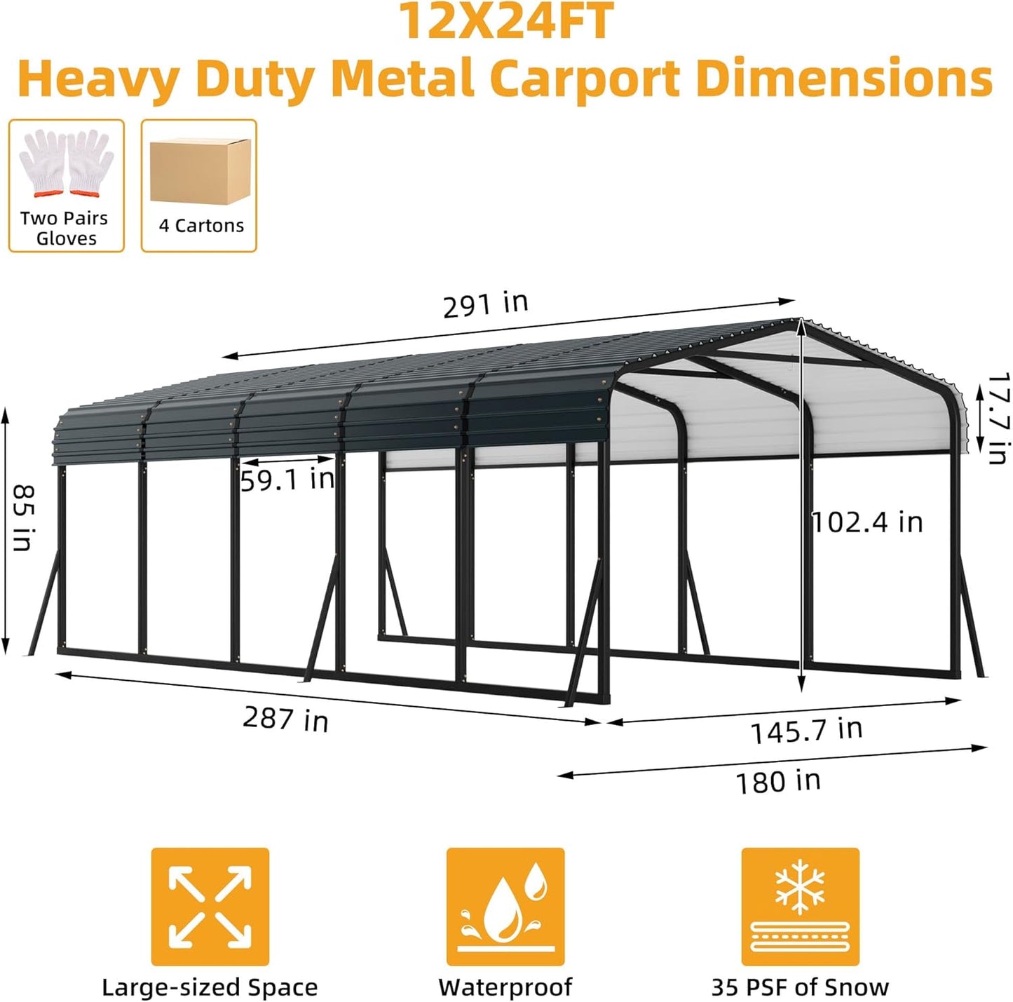 12' x 24' Heavy Duty Metal Carport with Galvanized Steel Roof, Metal Roof Carport with Enhanced Base, Tall Metal Carport Kits Garage for Tractors, Pickup, Boat, Car