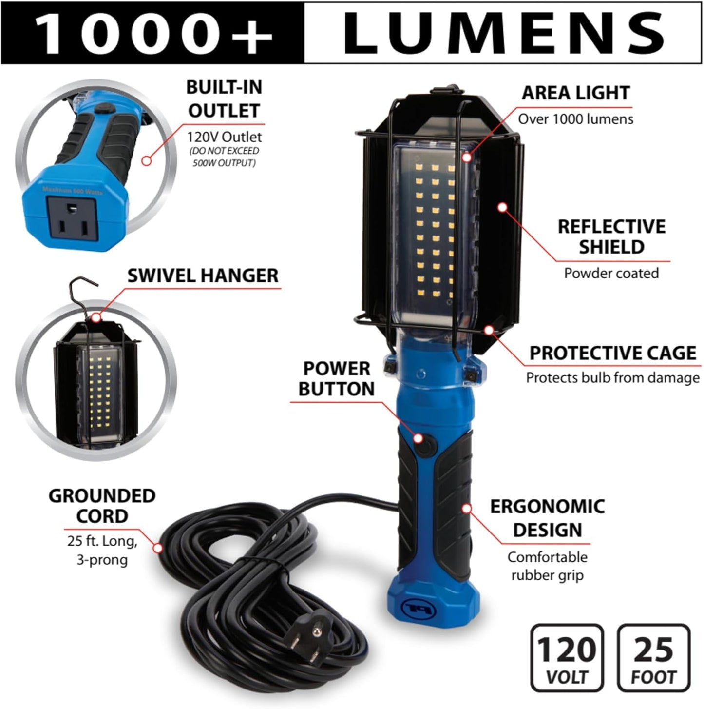 Performance Tool W2237 25' 18GA 1,000 lumen 120V LED Drop Light with Extra Built in 120V Outlet, 1 Pack