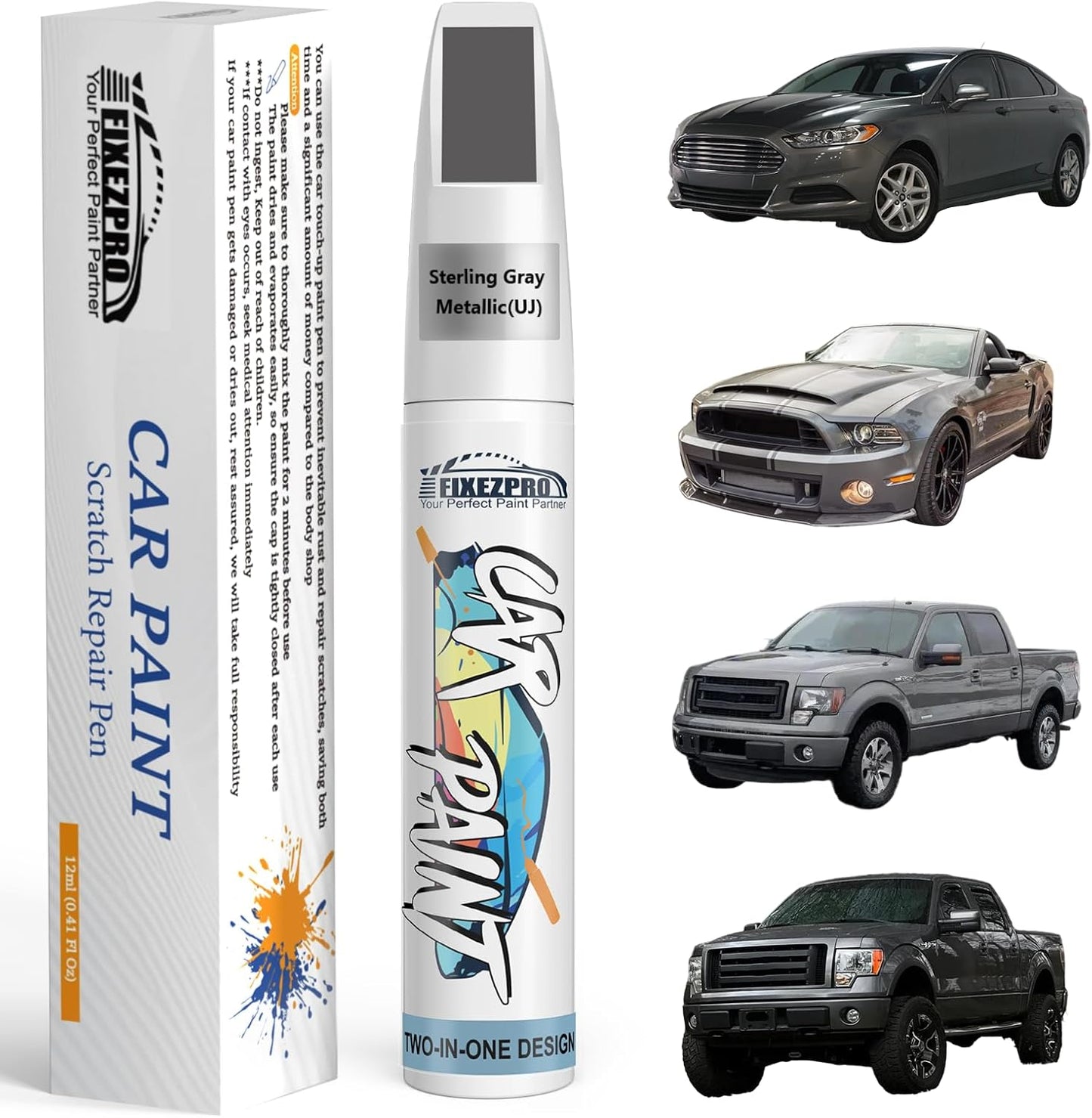 Sterling Gray Metallic(UJ) Touch Up Paint for Ford, Car Paint Scratch Repair Remover Pen Color Exact Match, Quick and Easy Fix Automotive Chips and Nicks Scuff