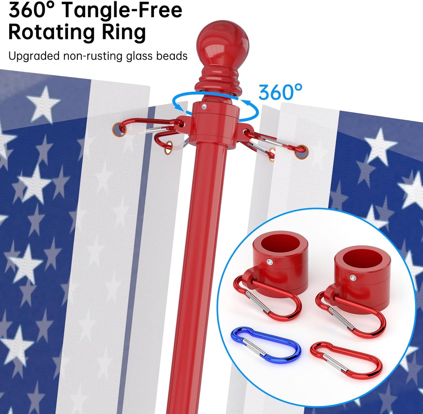ZMTECH Flag Pole - Upgraded Bracket, 6 FT Stainless Steel Flag Poles for Outside House, Residential or Commerical, Tangle Free Flag Pole Kit for American Flag (Without Flag, Red)