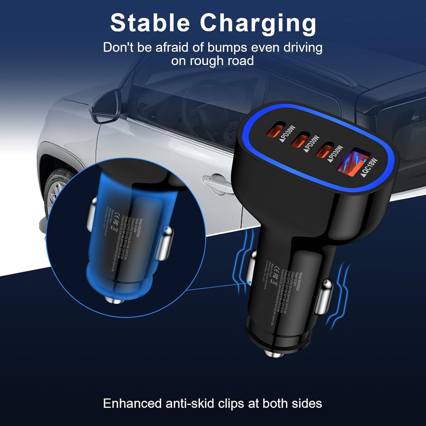90W 4-Port Super Fast USB C Car Charger for Samsung Galaxy A17/A16/A56/A36/A15/A55/S25/S24/Ultra iPhone 16e/16 Pro Max Pixel 9a 9 Pro Android USB-C & USB-A Car Phone Charger Cigarette Lighter Adapter