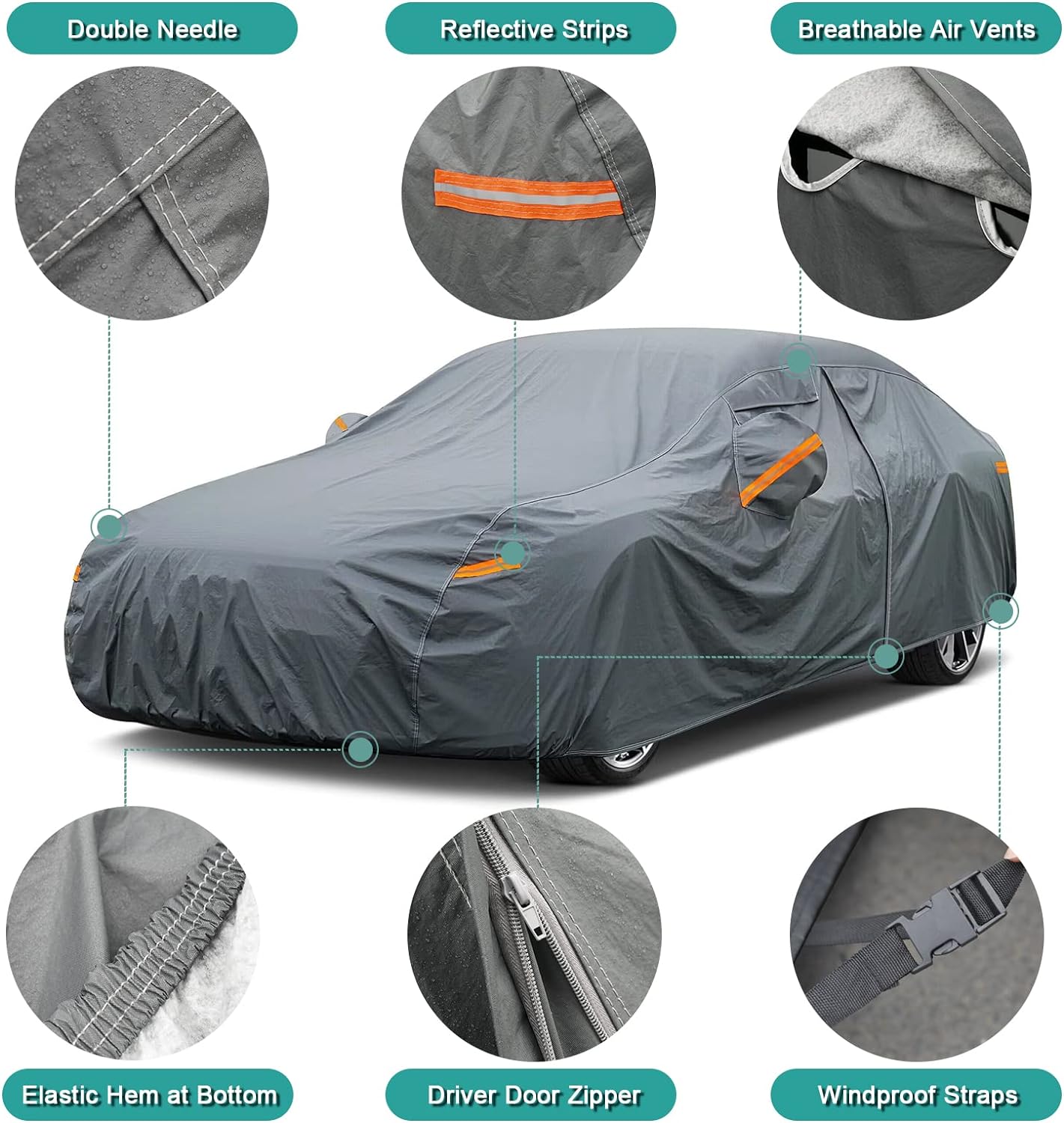 16 Layers Car Cover Waterproof All Weather, Heavy Duty Outdoor Car Cover Universal Fit Sedan Lexus ES350, Tesla Model S, Lincoln MKZ, Toyota Avalon, Jaguar XJ, Ford Taurus, BMW 740i etc.