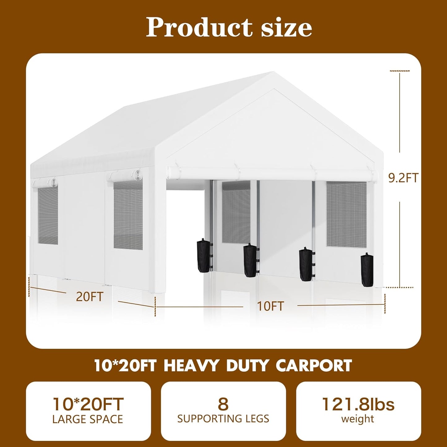 Walsunny Carport 10x20ft Heavy Duty Carport Canopy with Roll-up Ventilated Windows, Portable Garage with Removable Sidewalls, Car Canopy with All-Season Tarp for Car, SUV, Truck, Boat