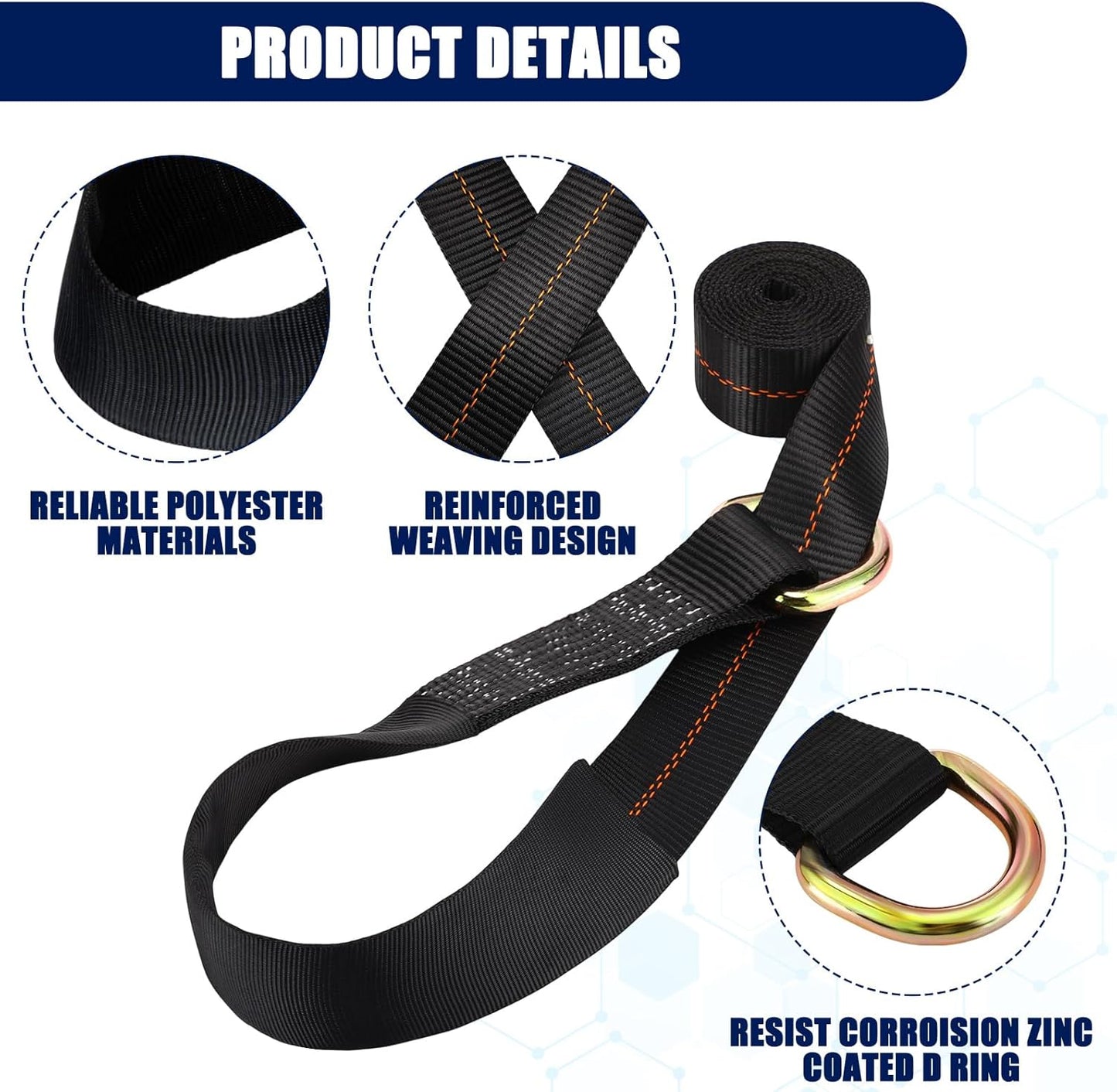 8Pack 2'' X 8ft Tow Truck Straps Lasso Wheel Lift Straps Lasso Tow Strap with D Ring 11, 000 Lbs Break Strength Auto Tie Down Auto Hauler for Trailer Truck Tie(Black)