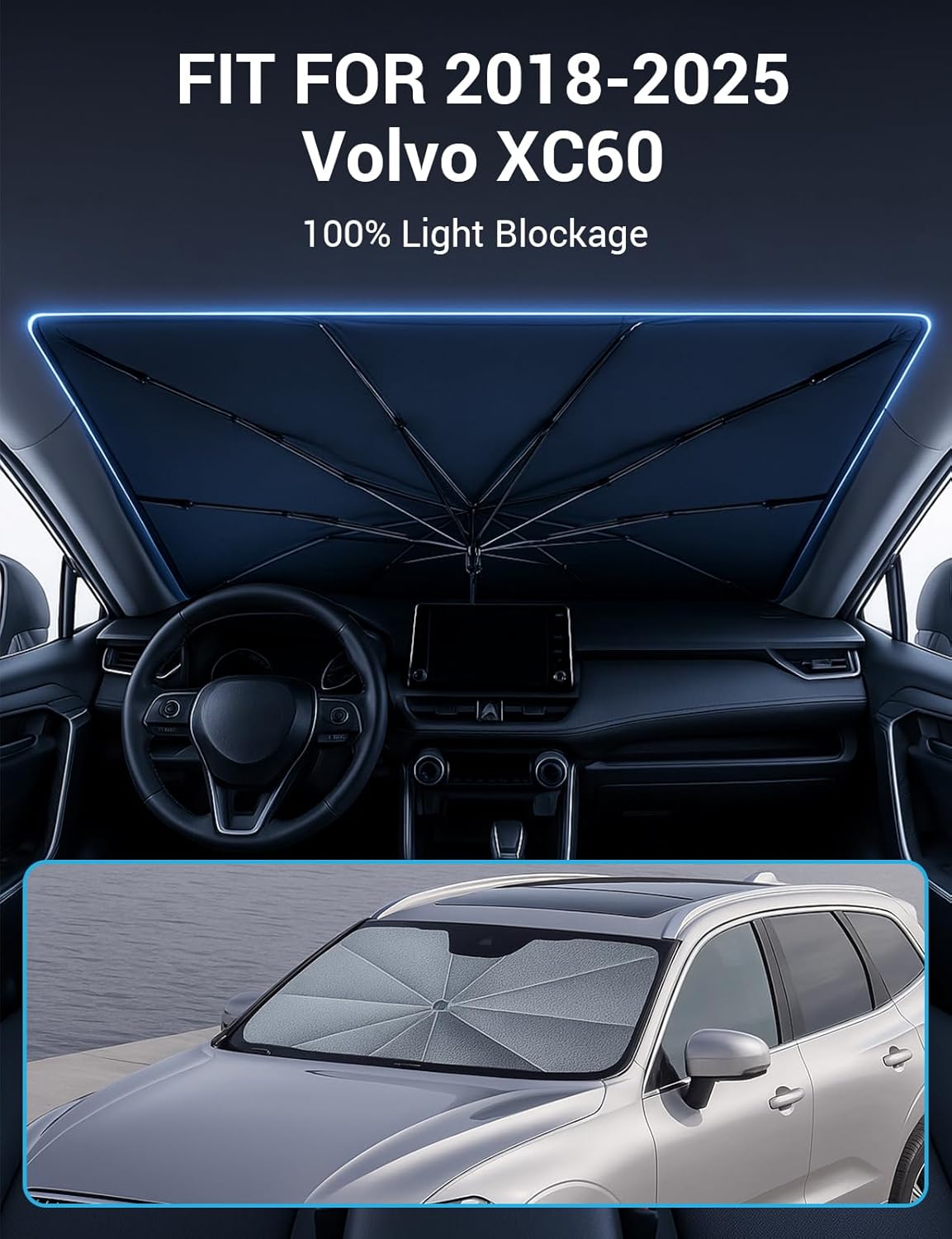 Proadsy Windshield Sun Shade Umbrella for Volvo XC60 2018-2025 2026 Foldable Car Umbrella Sunshade with Soft TPU Handle Spring Structure Crystal Cooling Material Protect Car from Rays & Heat