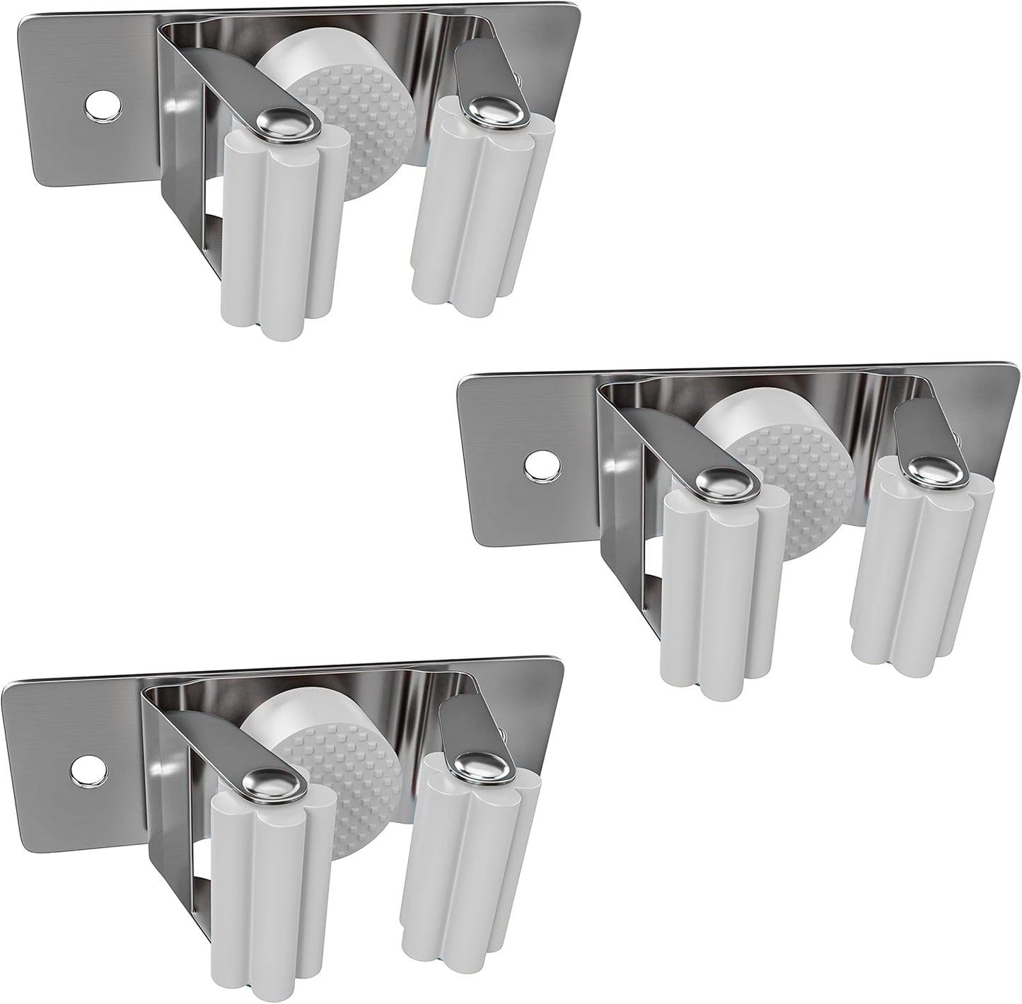 Self Adhesive Broom and Mop Holder Wall Mounted – SUS304 Stainless Steel 2-Slot Organizer with Anti-Slip Rubber Grips, 25lb Load, Adjustable for 0.6–1.4" Handles, Garage Kitchen Bathroom Use, 3 Pack