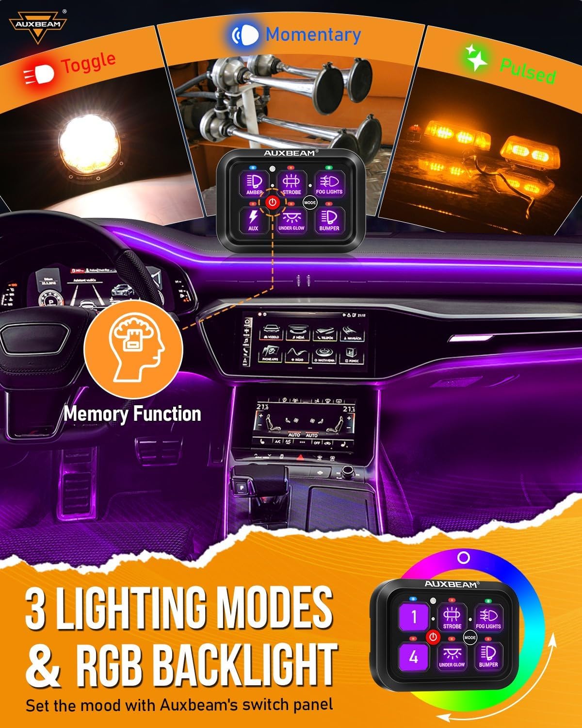 Auxbeam RGB 6 Gang Switch Panel RA60 Auto-Dimmable Switch Panel w/Momentary Toggle Pulsed Memory Function, 12-24V Switch Panel for Truck UTV Car Boat Waterproof, 2-Year Warranty